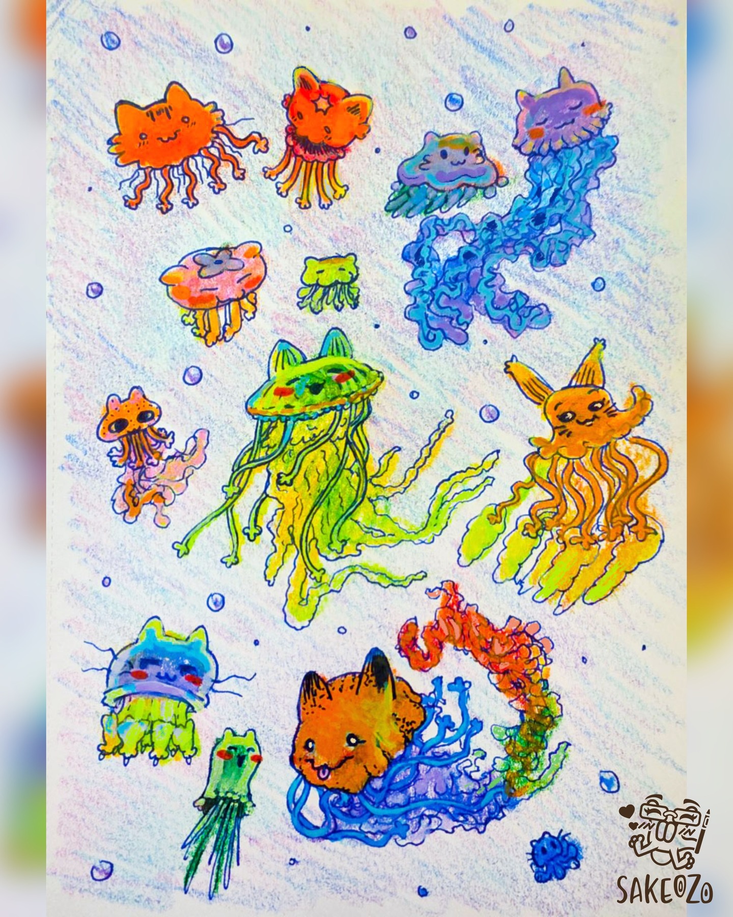 It was very late at night, almost at the time of early bird's alarms, anxiously waiting about on some news about a friend. With these turmoils within, I doodled a bunch of jellyfish cats. Trying out the jellyfish species. It was a nice exercise, you should try that too. :3
--
ID: Traditional drawing of 13 different jellyfish cats undersea, in varying bright colors, species, size, shape, and personalities. A bunch of small bubbles here and there.