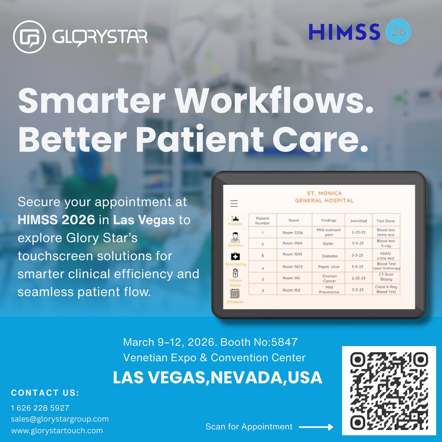 We will be at HIMSS 2026 in Las Vegas, connecting with healthcare leaders driving digital transformation across care environments.
Book your appointment in advance to ensure dedicated time with our team and a focused walkthrough of our interactive touchscreen solutions designed to streamline workflows and enhance patient engagement.
Scan the QR code to reserve your slot or contact us directly at sales@glorystargroup.com to schedule your meeting.
Let’s make your time at HIMSS intentional and productive.
#himss #healthit #digitalhealth #glorystartouch