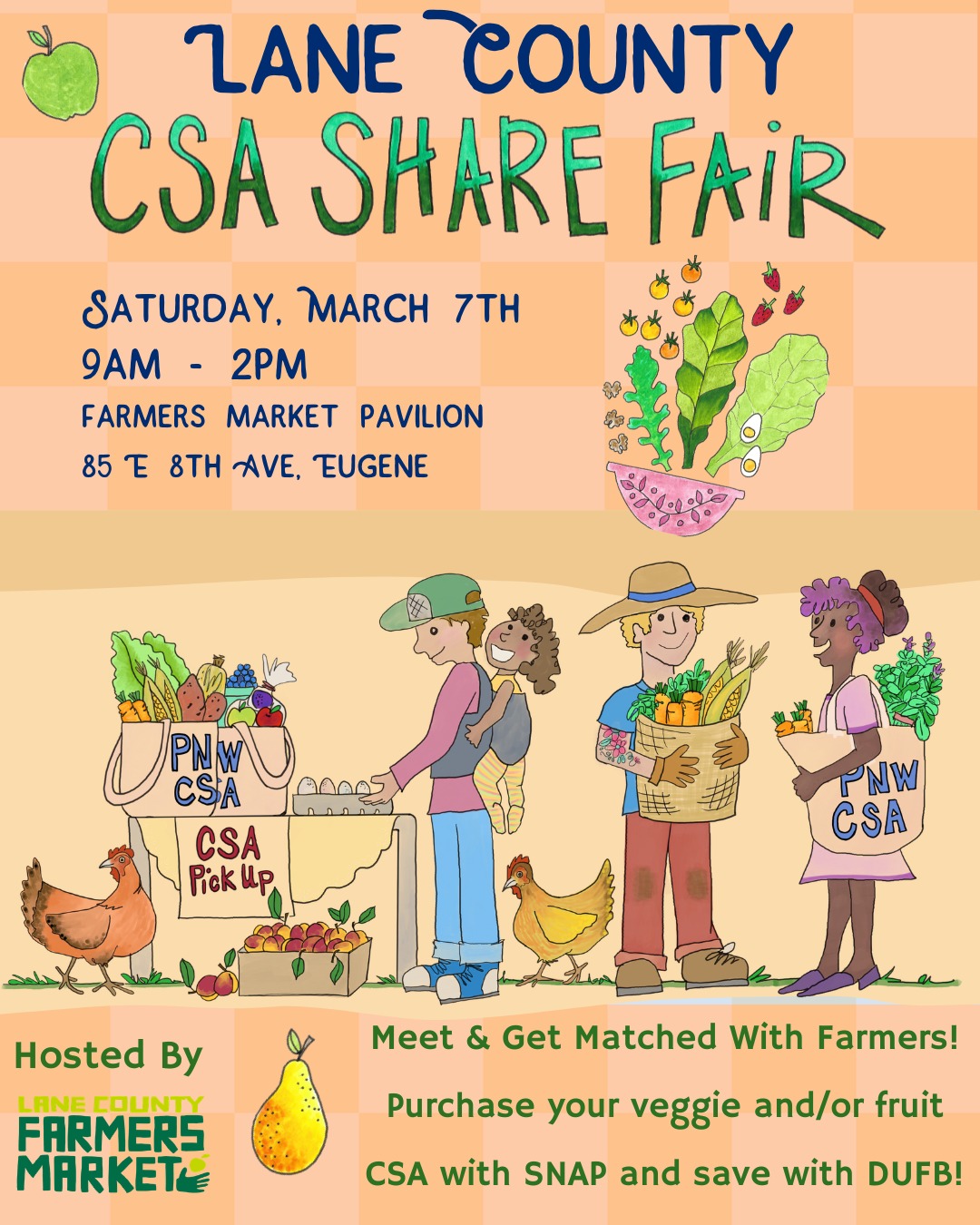 Hey Eugene, want to meet local farmers and get matched with a CSA that fits your life?
Join us this Saturday, March 7 from 9AM–2PM for our Lane County Share Fair at the Farmers Market Pavilion (85 E 8th Ave, Eugene) for the Lane County CSA Share Fair.
Meet farmers face-to-face, compare veggie, fruit, meat, dairy, and fish shares in one place, and use our matchmaking support to find a CSA that fits your household, budget, and pickup location.
Want to learn how to use SNAP to purchase a CSA? We’ll walk you through it. You can use SNAP to buy a veggie and/or fruit CSA and save 50% with Double Up Food Bucks.
Free and family-friendly. Come ask questions and find your farmer.
Farms & partners you’ll meet:
@upriverorganics
@soworganicseed
@wintergreenfarm
@camas_swale_farm_csa
@littlewingseugene
@foodforlanecounty
@wintergreenbeef
@fullfarmcsa
@grassward.dairy
Check out the link in our linktree for more info.
#CSAShareFair #LaneCounty #EugeneOregon #SupportLocalFarms #SNAP #DoubleUpFoodBucks #KnowYourFarmer #LocalFood #PNWCSA