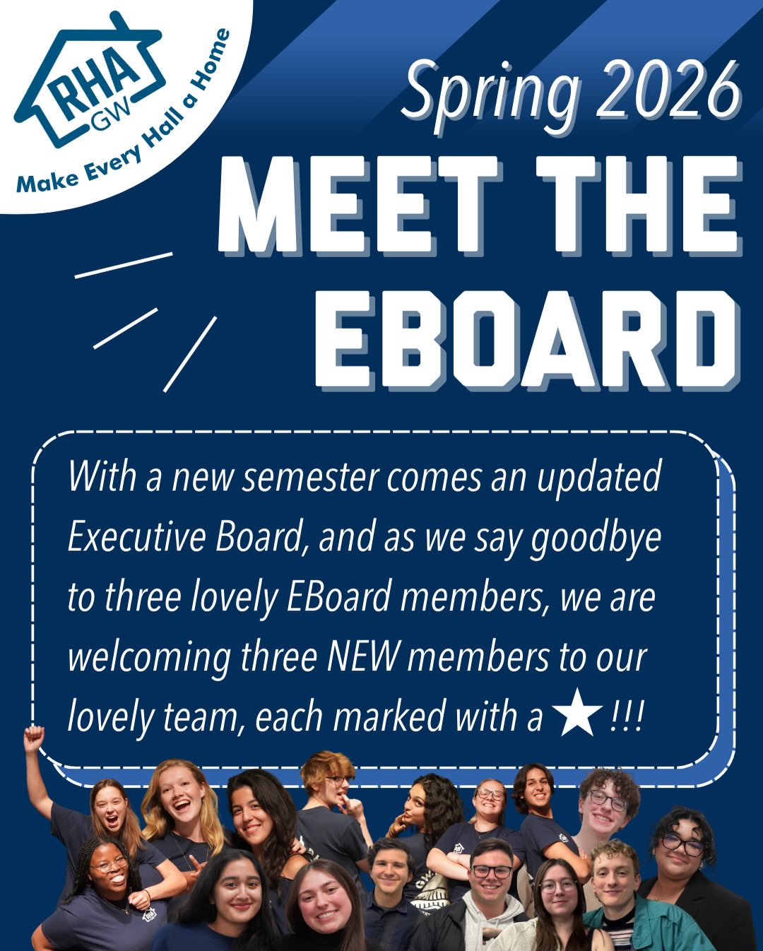 ⭐️ Well, well, well, RHA’ers!!! ⭐️
As we are in the midst of Midterm Season, we are, now more than ever, in need of some celebration. Since we never highlighted our new EBoard Members on our page, we figured we would do so now!!
Unfortunately, we had to say goodbye to our previous Assistant Directors of Communications, Finance, and National Affairs — Violet Sheehan, Helen Baruli, and Kori Lenzmeier, respectively. Because of this, we now welcome three BRAND NEW members to our Executive Board for the remainder of the Spring Semester.
As a reminder, however, TONIGHT is our GBM in the USC Presentation Space, where we will be hosting our annual Executive Board Elections! ALL MEMBERS MUST BE THERE!!! (aka we need a quorum to vote and have a LOT of Olive Garden!!)
Due to the presentation space regulations, all food must be eaten between 6:30 pm and 7:10 pm in USC room 404. Check your email for more details :D