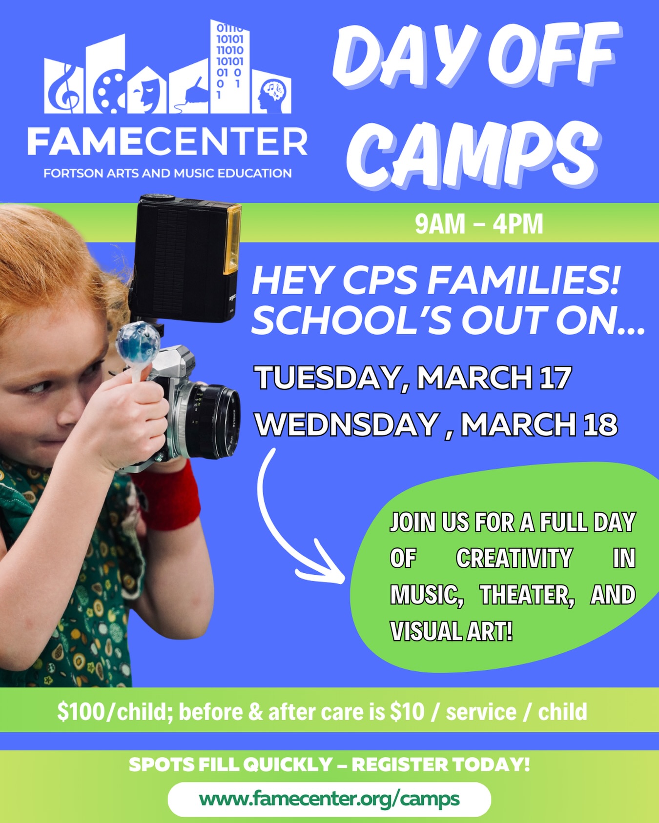 School’s out, creativity’s in!
FAME Day Off Camps are back CPS-Days off on
March 17 & 18 | 9-4PM
Before & After Care available: $10 per service per child
Before Care: 8:00–9:00AM
After Care: 4:00–5:00PM
📍1319 S State. St. Chicago IL, 60605
Let your child create, explore, and shine.
Spots fill fast—register today!
Register now: click the link in our bio.
#arteducation #blackownedbusiness #chicagoyouth #southloopchicago #musiceducation