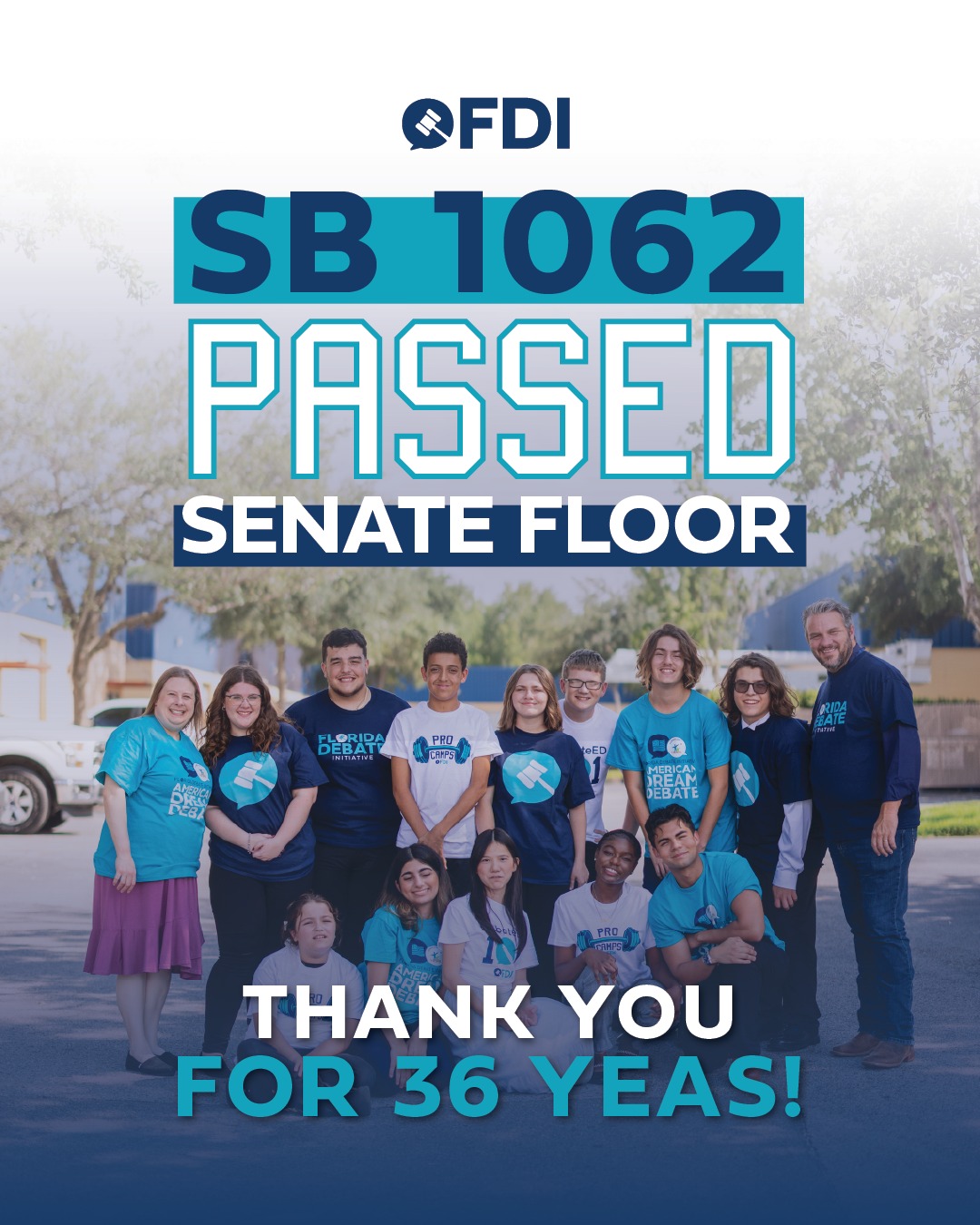 36 YEAS, ZERO NAYS! š The Florida Speech and Debate Education Act has officially PASSED the Senate Floor!
This is a landmark moment for students across the state, and it would not have been possible without incredible champions in the Senate.
A heartfelt thank you to bill sponsor, President Pro Tempore Jason Brodeur, and co-sponsors Senators Danny Burgess, Don Gaetz, Rosalind Osgood, and Ralph Massullo for their unwavering dedication to Florida's students.
We are also deeply grateful for the remarkable bipartisan support from our additional co-sponsors, who joined the movement today:
Senate President Albritton, and Senators Arrington, Berman, Bernard, Boyd, Bracy Davis, Bradley, Burton, Calatayud, DiCeglie, Garcia, Grall, Gruters, Harrell, Hooper, Jones, Leek, Martin, Mayfield, McClain, Passidomo, Pizzo, Polsky, Rodriguez, Rouson, Sharief, Simon, Smith, Truenow, Trumbull, Wright, and Yarborough.
This overwhelming, bipartisan show of support speaks volumes. Florida's students deserve every bit of it.
Thank you! š
@ben_albritton
@arrington4fl
@bryanavilafl
@leaderberman
@mackbernard1
@lbdforflorida
@jennbradleyflsenate
@jtbrodeur
@dannyburgessfl
@colleenburtonfl
@alexis_calatayud
@traciedavisofficial
@nickdicegliecampaign
@chairmangruters
@gayle_for_fl_senate
@sen_hooper
shevrinjones
@reelect_tomleek_fl
@senatorjonmartin
@reprmassullomd
@senatordebbiemayfield
@senator_stan_mcclain
@senatorosgood
@kathleen4swfl
@senpizzo
@senpolsky29
@senatoramr
@sen_rouson
@barbarasharief
@simonforfl
@carlosgsmith
@keithtruenowforflstatesenate13
@jaytrumbulljr
@clayyarborough