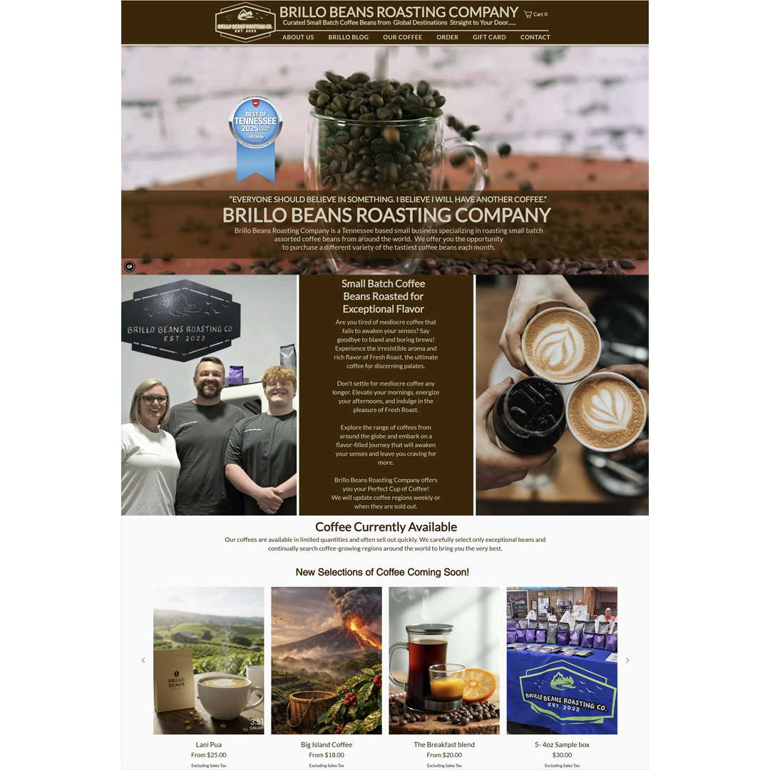 Did you know I work with a coffee roasting company in Tennessee? Introducing Brillo Beans Roasting Company, a family owned business whose hobby turned into a thriving biz. Working from concept to a fully branded website — strategically built for online sales and expanding their footprint across Tennessee — has been an incredible journey. The goal was clear: create a seamless shopping experience while positioning the brand for distribution in local businesses throughout the state. And it’s been successful. Check out the website, and order some coffee you won't be disappointed.
There’s nothing better than helping a passionate business turn vision into visibility. From bold branding to an e-commerce platform designed to convert, this project proves what’s possible when strategy and creativity work together. If you’re ready to grow your online sales and expand your local reach, let’s build something powerful together.
#BrilloBeansRoasting #TennesseeBusiness #PetiteTaway #CoffeeLovers #ShopLocal