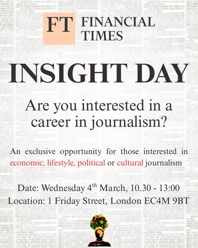 We have a journalism insight day coming up‼️
⏰Time: 10:30-13:00
📆Date: Wednesday 4th March
📍Location : 1 Friday Street, London EC4M 9BT
Financial Times have kindly agreed to host an insight day for our members interested in journalism✍🏽
A big part of why they’re doing this is to clarify the untrue assumption that they are just a financial news outlet, having many lifestyle, political and cultural columns📝
The day will involve members being spoken to by a variety of editors including Elizabeth Pears, Assistant UK News Editor, who is a former ACS president🔥
LINK IN BIO TO SIGN UP‼️‼️