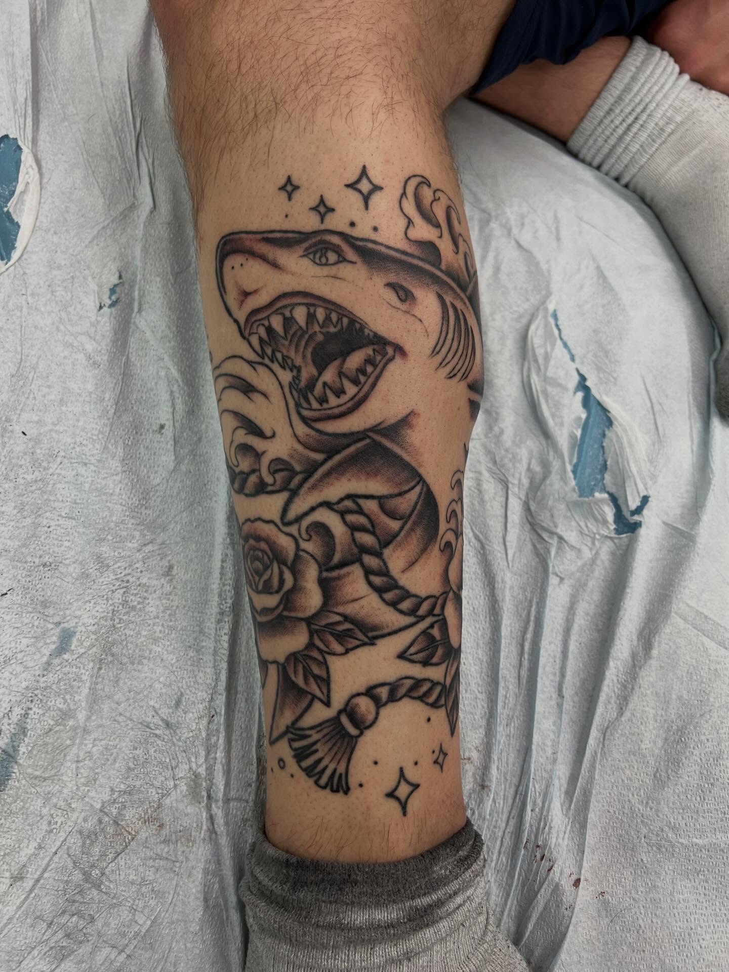 Second session on this shark 🦈 today.. next session color to complete it… #tattoo #tattoos #sharktattoos