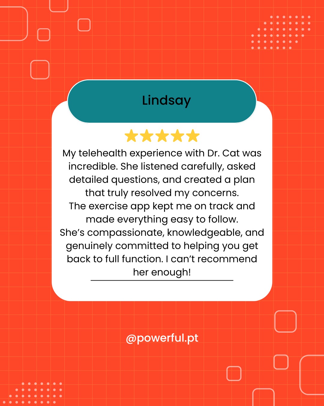 Virtual care. Real results. 💪
Dr. Cat doesn’t just hand you exercises — she builds a personalized plan, walks you through it, and supports you every step of the way.
Through telehealth physical therapy, you get expert evaluation, detailed exercise programming, guided app support, and a clinician who truly listens.
Recovery doesn’t have to wait. And it doesn’t have to happen in person to be effective.
👉 Ready to start your recovery journey from home?
📍 Book your session: www.powerfulpt.com
📞 631-317-1222
📧 info@powerfulpt.com
#TelehealthPhysicalTherapy
#VirtualPT
#PhysicalTherapyCare
#RecoverStronger
#PowerfulPT