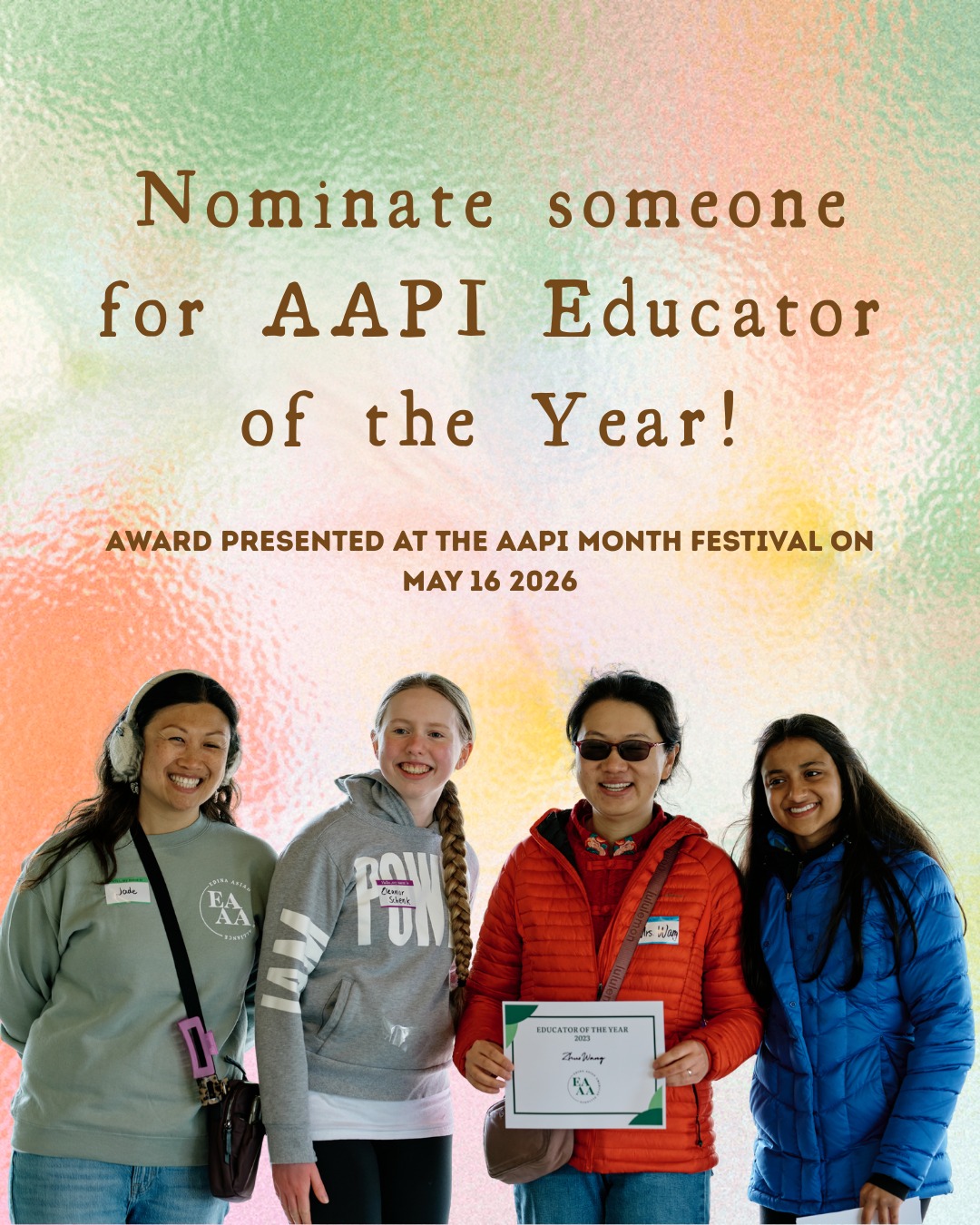 EAAA is honoring an Educator of Asian American Pacific Islander (AAPI) heritage with an annual Educator of the Year Recognition. Nominees must be an educator of AAPI heritage in the Edina Public Schools (ECFE, Early Learning Center (ELC), K-12) and should be an educator who exemplifies “above and beyond” in and out the classroom. An individual may be nominated if their work primarily impacts students/students’ education, even if their title is not “teacher.”
This nomination form is open to anyone who would like to nominate an educator of AAPI heritage for the recognition: a student, a parent, another educator, or a member of the community. Please complete and submit the nomination form at tinyurl.com/eaaanomination by April 1, 2026.
The 2026 EAAA/SPARC AAPI Educator of the Year Recognition Recipient will be announced and acknowledged at the May 16th EAAA AAPI Month Festival!