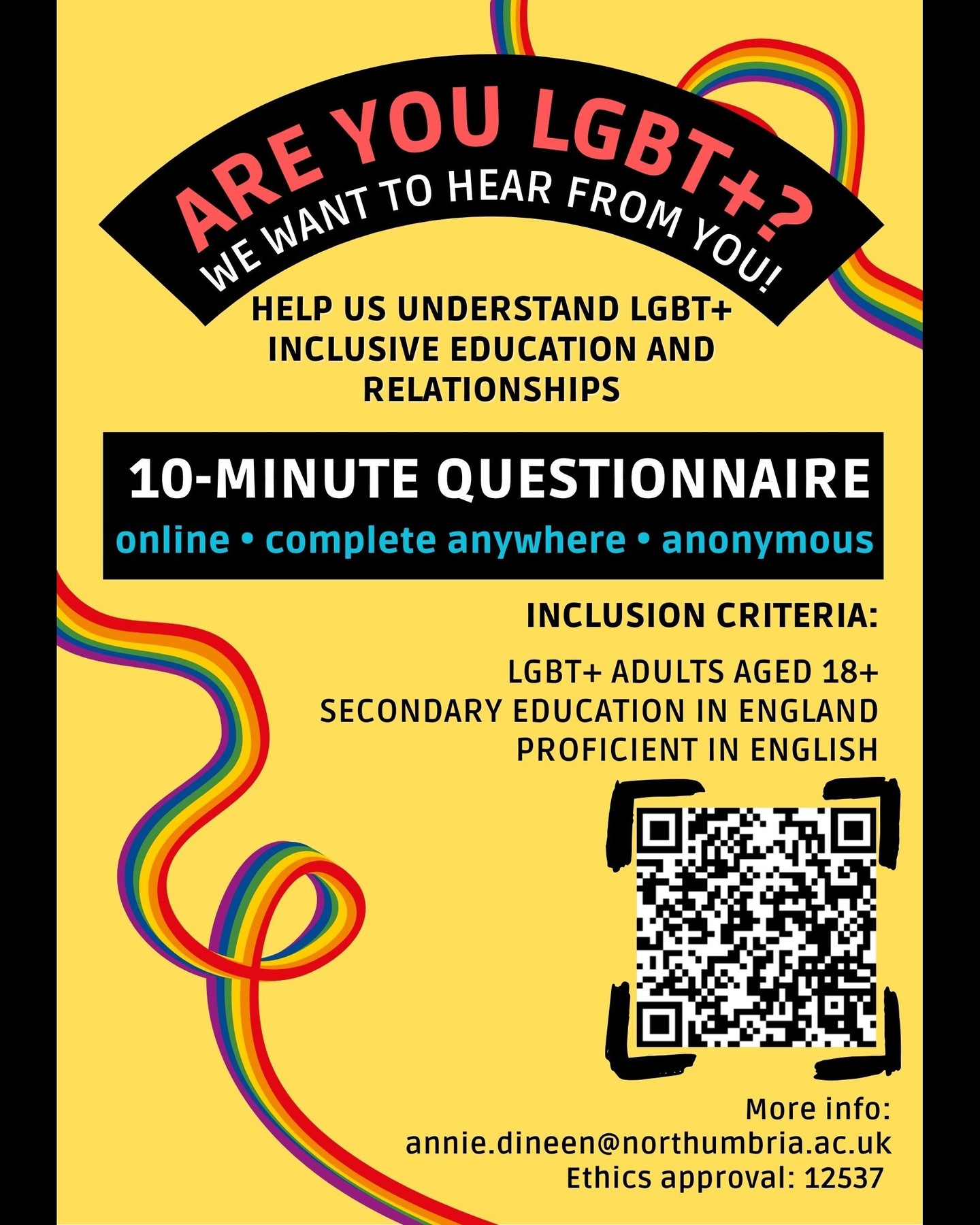 Sharing on behalf of a researcher - a confidential and anonymous study. Your participation in this study will allow insight into the LGBT-inclusive education and the LGBT+ experience, a disproportionally understudied population in current literature.
"This study is undertaken by a Psychology MSc student at Northumbria University to complete the thesis module. The purpose of this study is to conduct research into the relationship between the quality of LGBT-inclusive relationship and s*x education received during formal schooling and relational and s*xual assertiveness in LGBT+ adults. We will also explore the usefulness of various self-teaching methods and their impact on relational and s*xual assertiveness in LGBT+ adults."
Contact Annie.dineen@northumbria.ac.uk for further information.