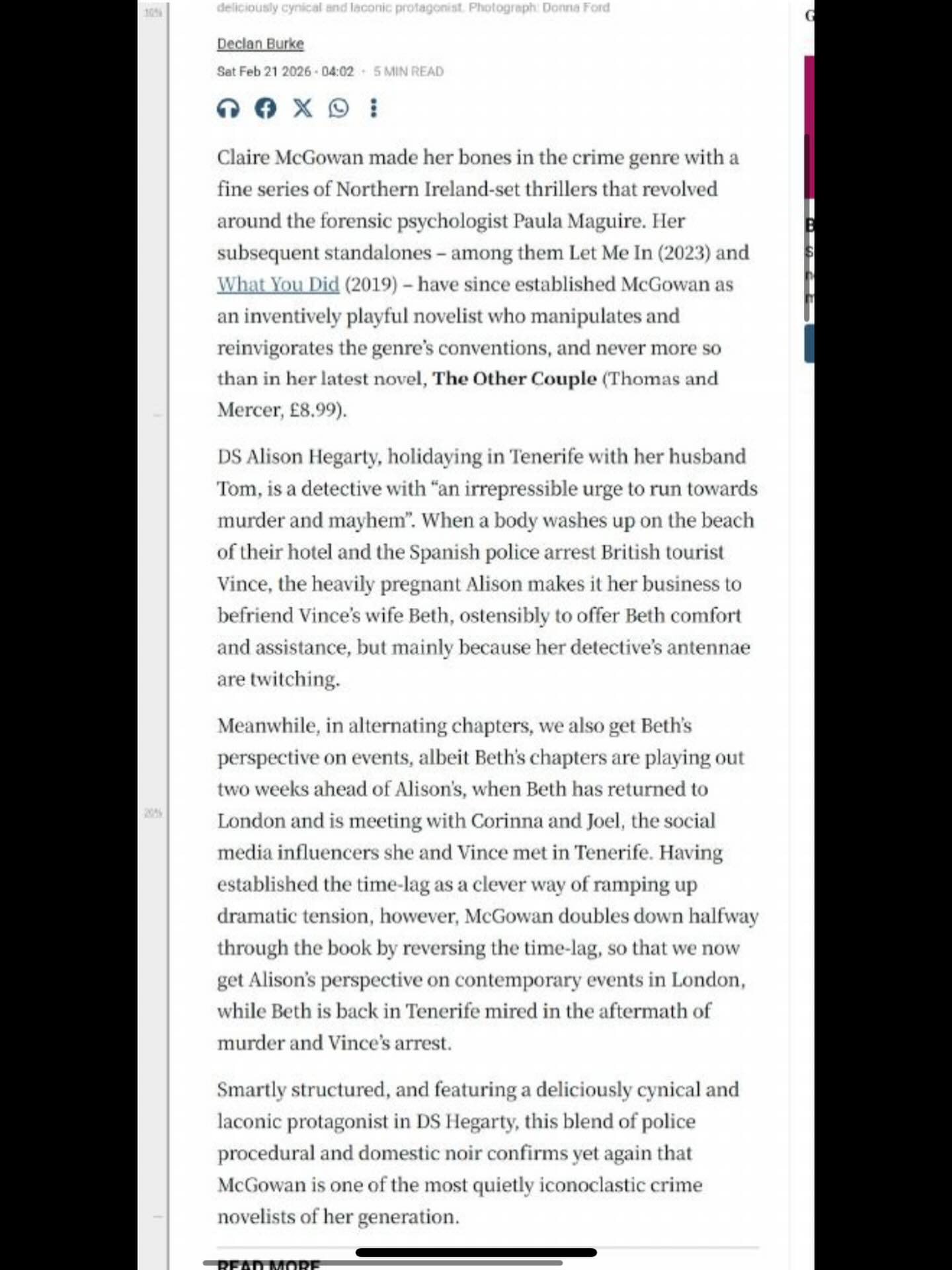 Wonderful review in the Irish Times for the Other Couple, which is out tomorrow! #thriller #crimefiction #clairemcgowan #theothercouple