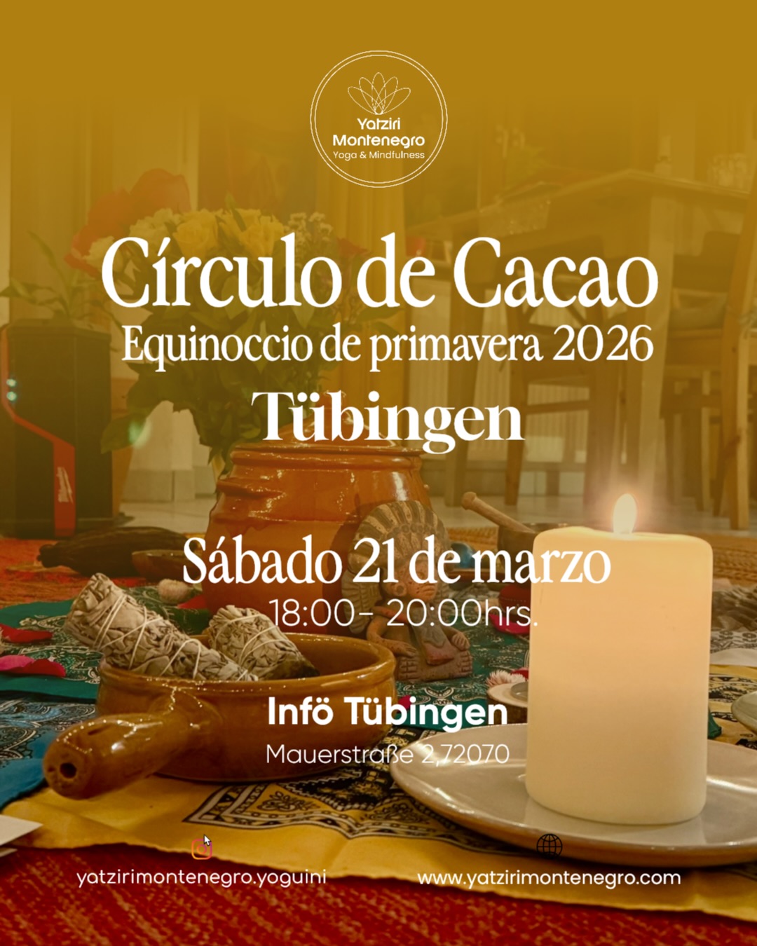 El Círculo de Cacao – Equinoccio de Primavera 2026 es un encuentro íntimo para mujeres hispanohablantes en Tübingen que desean:
✨ Reflexionar sobre su proceso actual
✨ Conectar con lo que quieren cultivar este año
✨ Sentirse acompañadas en comunidad
✨ Cerrar el invierno y abrir un nuevo ciclo con intención
Durante 2 horas compartiremos cacao consciente, diálogo guiado y una meditación para integrar tus intenciones.
No necesitas experiencia previa.
Solo ganas de regalarte este espacio.
📅 Sábado 21 de marzo 2026
📍 Info Tübingen
💶 30 € | Early Bird 25 €
⚠️ Cupo reducido
Reserva tu lugar ahora en mi página web
o escríbeme a 📩 info@yatzirimontenegro.com
Si sientes que es para ti, no lo dejes para después.
La primavera empieza con una decisión 🤍
¿Te gustaría unirte a esta experiencia?