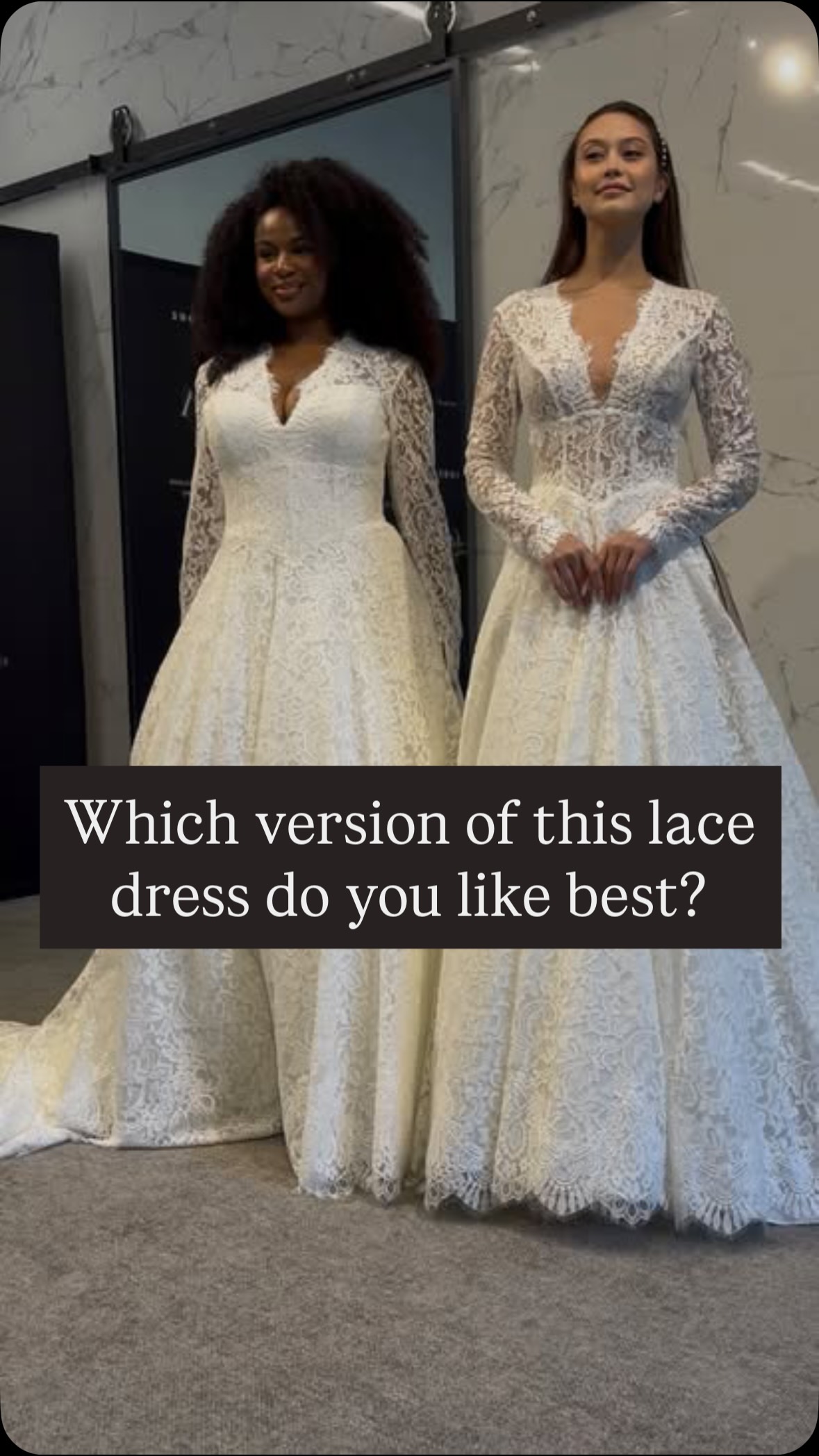 We want your opinion! For our long sleeve lace lovers - which version of this gown should we stock? The left, the right, or a combo of the 2?! #weddingdress #laceweddingdress #ctbride #fallweddings #winterweddings