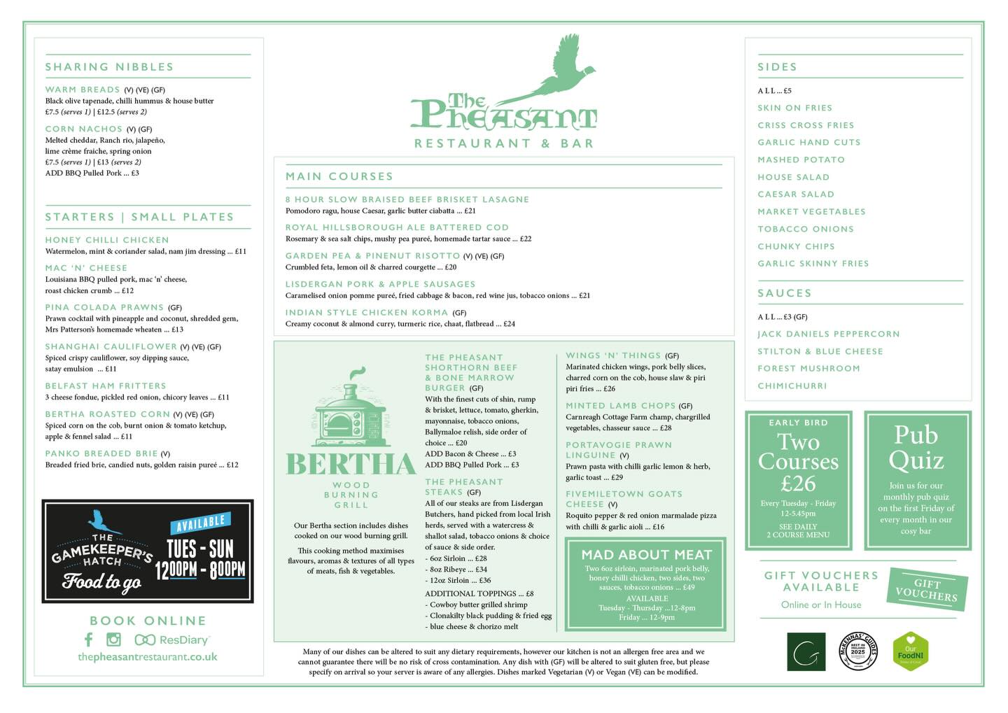 ✨New Menu Alert!✨
Plenty of things happening this week at The Pheasant. Our new menu kicks off with some familiar favourites and tasty new dishes, and as always our chefs have a range of specials-
The Six Nations are in full swing, so join us tomorrow for Ireland vs England, and be in with a chance to win an Ireland jersey with our raffle. ☘️🏉🌹
As always, the first Friday of March we will be hosting our monthly pub quiz. Be sure to book your team in to avoid disappointment! 🤔💡