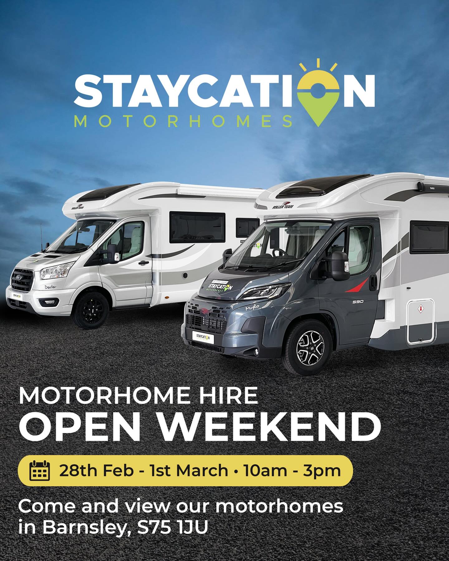 Come and view our incredible fleet! Join us for our Staycation Motorhomes Open Event!
🗓️ Saturday 28th February & Sunday 1st March 2026
🕰️ 10am - 3pm
🎟️ No need to book, just turn up!
If you are thinking of booking with us why not join us for our open weekend where you can see our motorhomes, talk to the team, get advice, discuss your requirements and take advantage of early booking and seasonal offers for low and mid season breaks!
Don’t want to wait or can’t make it? We are open on Saturday mornings for viewings until the end of March, 9am - 12pm, just call in!
See you soon! 🚐