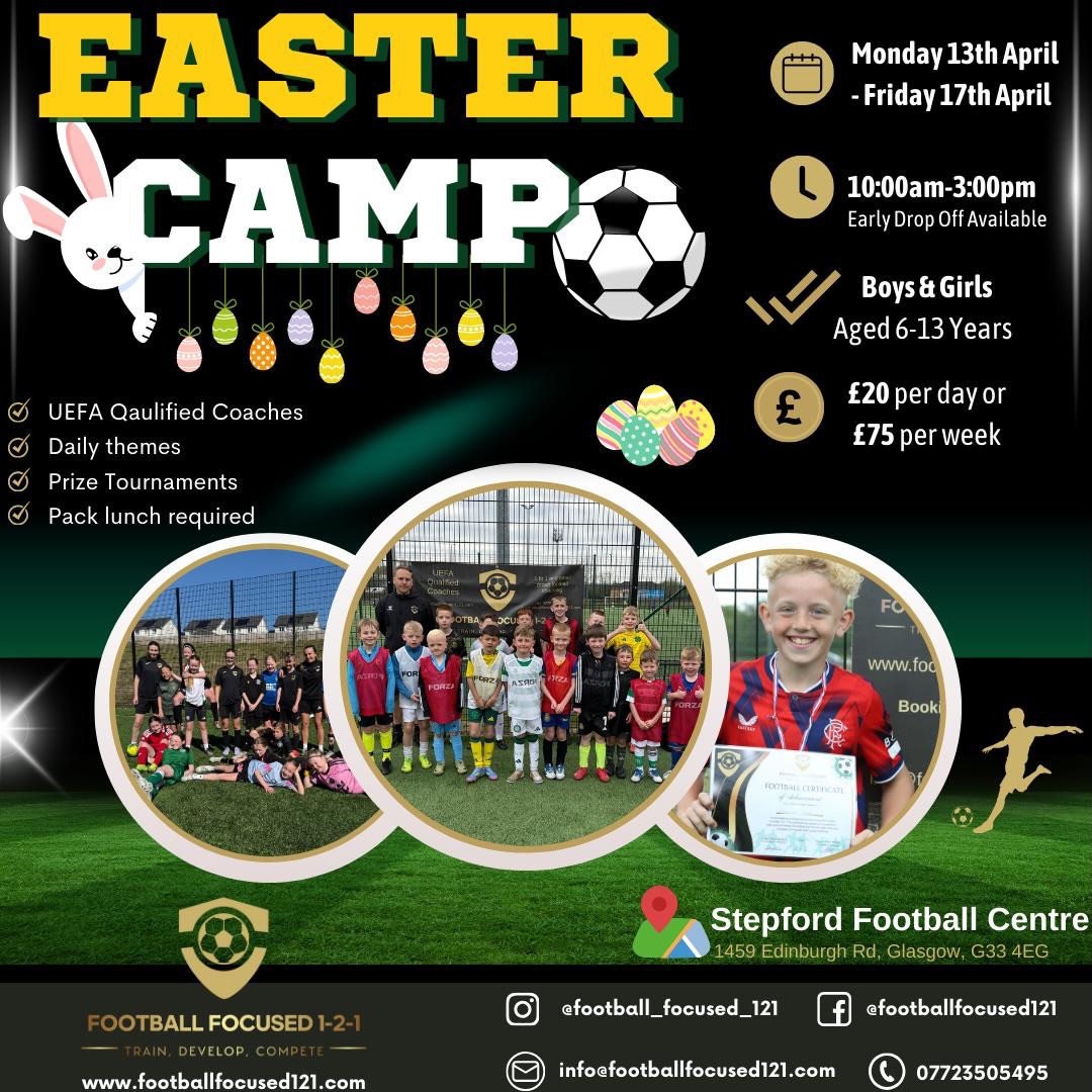 ⚫️ - it’s holiday camp time 👏 we are delighted to announce the Easter edition ✅ we had a blast last Easter ☀️ with over 100 players on our week camp, with great weather too. Camp spaces tend to fill up fast so make sure to book early.
All bookings are now live on Simply Book.
📍- Stepford
📆 - Monday - Friday
📌 - April 13th-17th
🕐 - 10am - 3pm
You can book out a full week at our camp through our Packages Section of the Booking System. Indivudal days can be booked through the classes section of the website.
£75 for the full Week
£20 per day
If you book now you will receive a 10% discount using the code: EASTEREARLYBIRD10 you only have until the 15th March to get this code 👌
Remember we are working with KLARNA to provide flexible payment options.
Contact us at info@footballfocused121.com for more information.
#footballcoaching #121footballcoaching #footballglasgow #footballfocused121