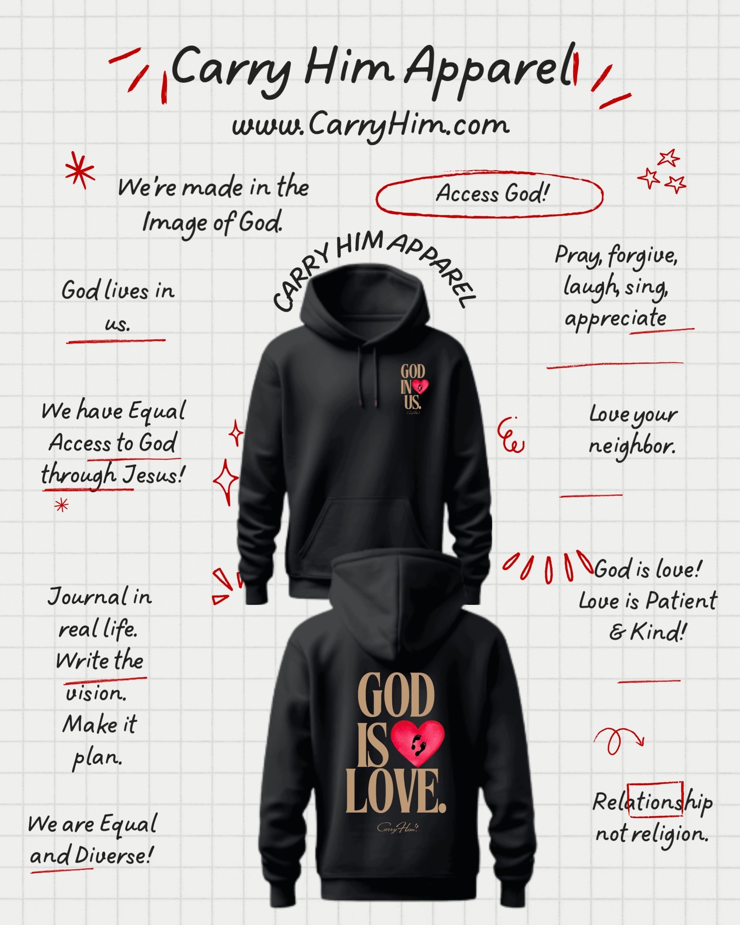 You know what I love most about our Carry Him pieces?
They’re not just clothing.
They’re reminders.
Reminders that God is Love.
Reminders that He didn’t stay distant.
He came close.
When we accept Jesus, we don’t just believe in Him — we receive Him. His Spirit lives within us. His character begins forming in us. His love flows through us. That means kindness isn’t weakness. Forgiveness isn’t foolish. Walking in love isn’t optional — it’s who we are becoming.
✨ Carry Him “God in Us / God is Love” Hoodies
These are more than cozy layers. They speak truth over your life. Every time you put one on, you’re declaring: God lives in me. His love moves through me. And that love is strong enough to transform homes, friendships, communities — even broken hearts.
🌍 Circle of Unity Bomber Jackets
Bold. Powerful. Purposeful.
The Circle of Unity represents people from every continent, every culture, every shade — all created in His image. Equal access. Equal worth. One Savior. We are united not by background, but by the love of Christ.
🖤 Circle of Unity Vintage Black & Cream Tees
Classic. Timeless. Intentional.
They remind us that no matter what the world says, access to God is not earned by status, money, race, or past mistakes. Through Jesus, we all come the same way — loved, invited, accepted.
This is the beauty of the Gospel:
We each can access God through Jesus — equally.
And once He lives in us, we have His love to pass on. His patience. His mercy. His courage. His truth. His peace.
Imagine what happens when we truly live that way.
When we walk into rooms knowing God in us.
When we treat people knowing God is love.
When we forgive knowing we’ve been forgiven.
Let’s wear it.
Let’s live it.
Let’s spread it.
Because when we Carry Him, we’re not just representing a brand — we’re reflecting His heart. 💛
#CarryHim #GodisLove #Apparel #Brand #Godinus #AccessGod