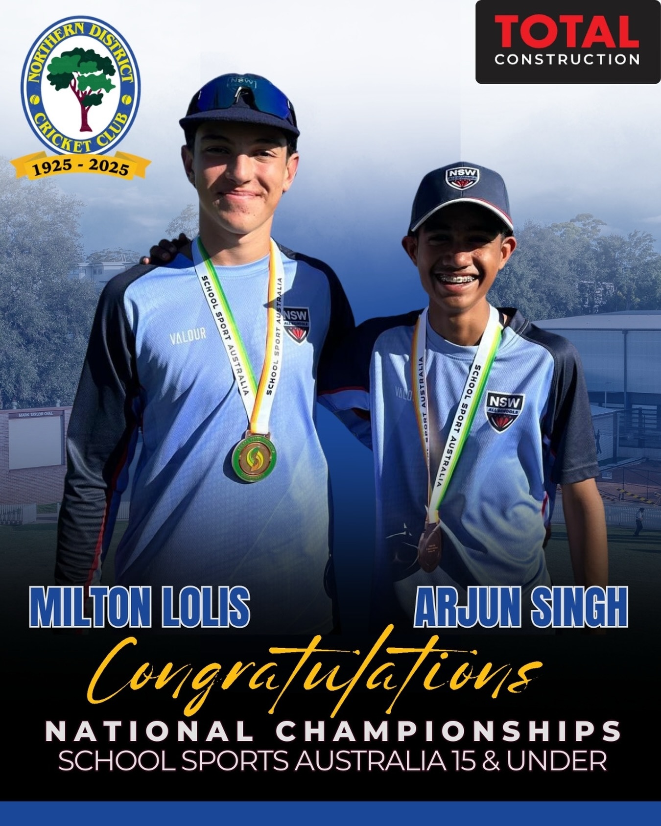 🌳 Ranger Representatives on the National Stage 🌳
Proudly brought to you by Total Construction
Congratulations to Milton Lolis and Arjun Singh on representing NSW at the School Sport Australia 15 & Under National Championships.
Competing against the best young cricketers from across the country is a tremendous achievement and a reflection of the hard work both players have put into their development.
A special mention to Arjun Singh, who was named in the Team of the Tournament, a fantastic recognition of his impact throughout the Championships.
We’re incredibly proud to see Rangers performing on the national stage and continuing ND’s strong pathway tradition.
Congratulations Milton and Arjun!