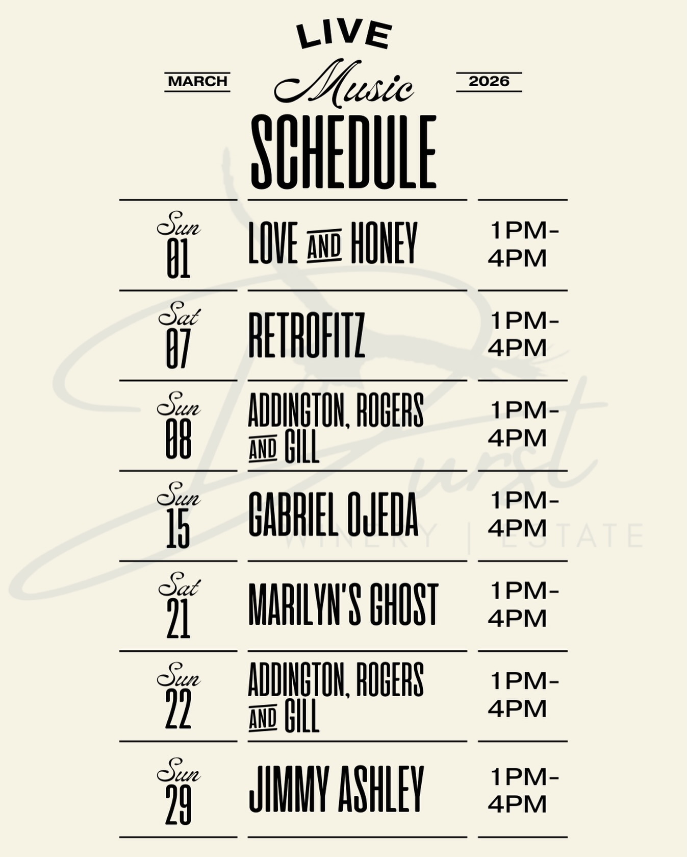 Join us each weekend from 1–4pm for an afternoon of incredible local artists, estate views, and your favorite Durst wines.
Our wood-fired pizza kitchen will also be open Saturdays and Sundays from 12–4pm, offering artisan selections thoughtfully crafted to pair with your glass.
Save the dates, gather your friends, and spend March with us. We look forward to welcoming you. ✨
#DurstWinery #LiveMusicAtDurst #MarchAtDurst #LodiWine #WoodFiredPizza