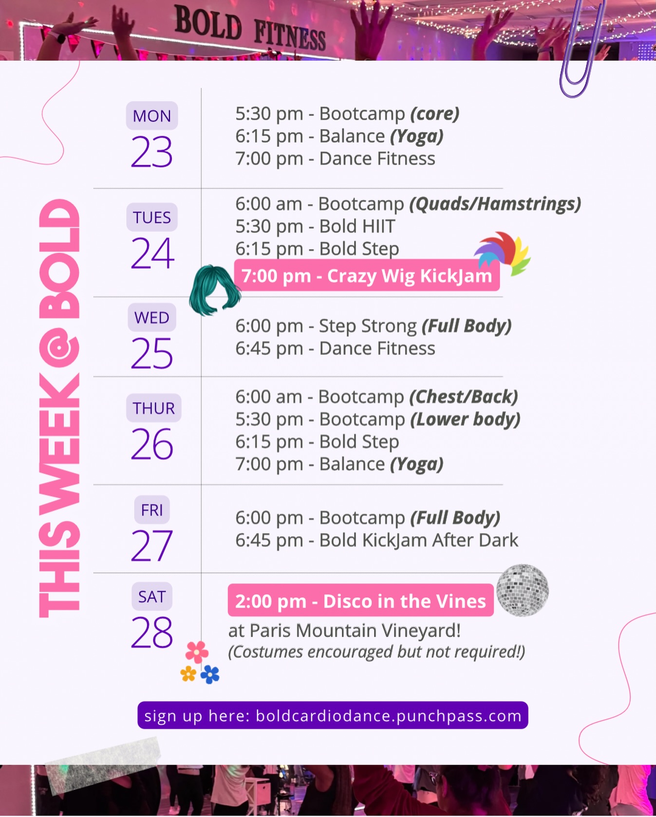 Happy MONDAY! 🎉 Are you ready for a really fun week with the Bold Babes?
TUESDAY (24th) - Wear a wig to KickJam. Yes, A WIG! (This is not the weirdest thing we’ve ever done 😂) Get ready for a great workout, lots of giggles, and just a really great time with our incredible instructor Amy. It’s okay if you don’t have one - show up anyway!
SATURDAY (28th) - Meet us at Paris Mountain Vineyard at 2:00 PM for Disco in the Vines! Grab a drink and enjoy a fun 70’s themed class with us! (With lots of your fav dances too!) Costume is encouraged but definitely not required!
Please send us a DM if you have any questions or need help signing up for your first free class! We can’t wait to dance with you!
#dancefitness #womensfitness #hiramga #dallasga #pauldingcounty