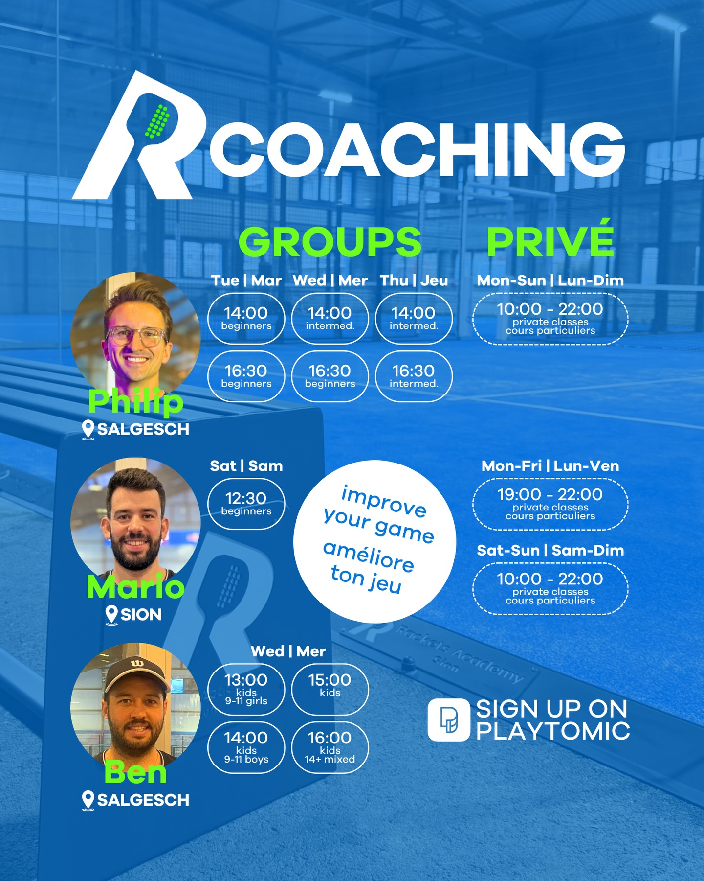 improve your game 💥 with one of our coaches 👨🏫
Group and private coaching now available in 📍Sion and 📍Salgesch.
📲 Book on Playtomic
🎾🎾🎾
améliore ton jeu 💥 avec l’un de nos coachs 👨🏫
Coaching en groupe et privé désormais disponible à 📍Sion et 📍Salgesch.
📲 Réserve sur Playtomic
🎾🎾🎾
verbessere dein Spiel 💥 mit einem unserer Coaches 👨🏫
Gruppen- und Privatcoaching jetzt verfügbar in 📍Sion und 📍Salgesch.
📲 Buche auf Playtomic
#padel #classes #coaching #padelswitzerland #valais