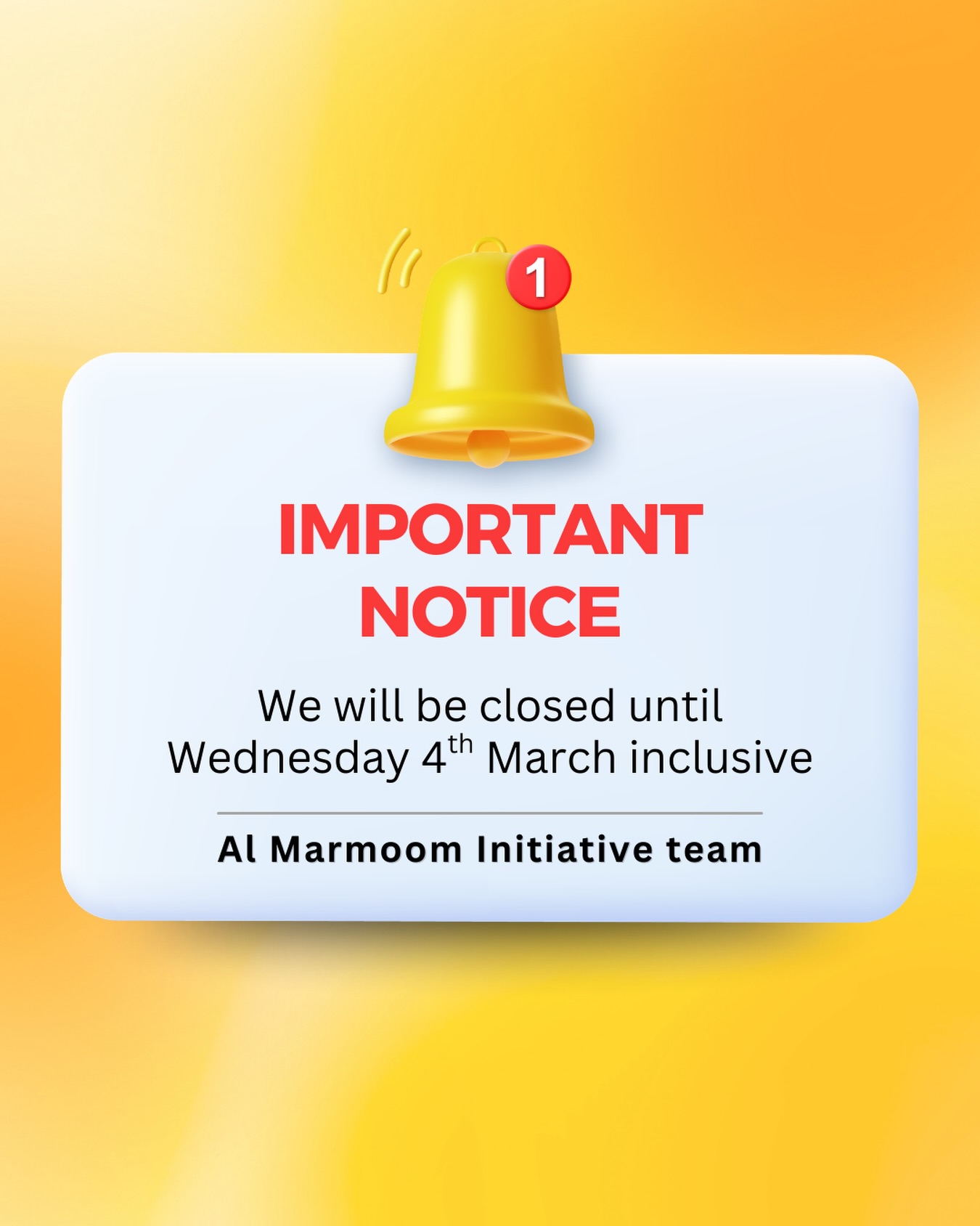 Dear all,
We hope you are all safe and well.
Due to the current situation, we have decided to cancel our classes until Wednesday 4th March (inclusive). This decision is made for everyone’s safety and wellbeing.
We will keep you updated and inform you as soon as we are able to resume activities.
Thank you very much for your understanding, support, and care.
Please take care of yourselves and your families.
Warm regards,
Al Marmoom Team