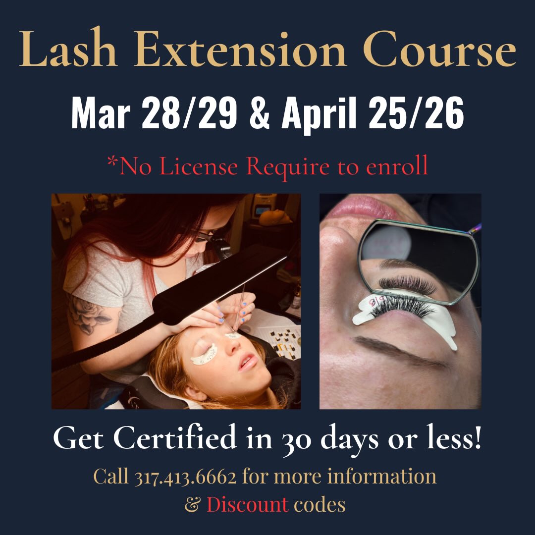 ✨ Ready to start your lash career? ✨
Our next Lash Extension Certification Courses are coming up:
📆 March 28-29
📆 April 25-26
⭐️ No license required to enroll
🎓 Get certified in 30 days or less
📞 Call 317-413-6662 for more info and exclusive discount codes!
#LashTraining #LashExtensionCourse #GetCertified #LashArtist #LashBoss BeautyEducation LashTrainingIndy EstheticsEducation NoblesvilleBeauty IndyLashTech StartYourCareer LicensedOrNot LashLife BeautySchool LashCertification