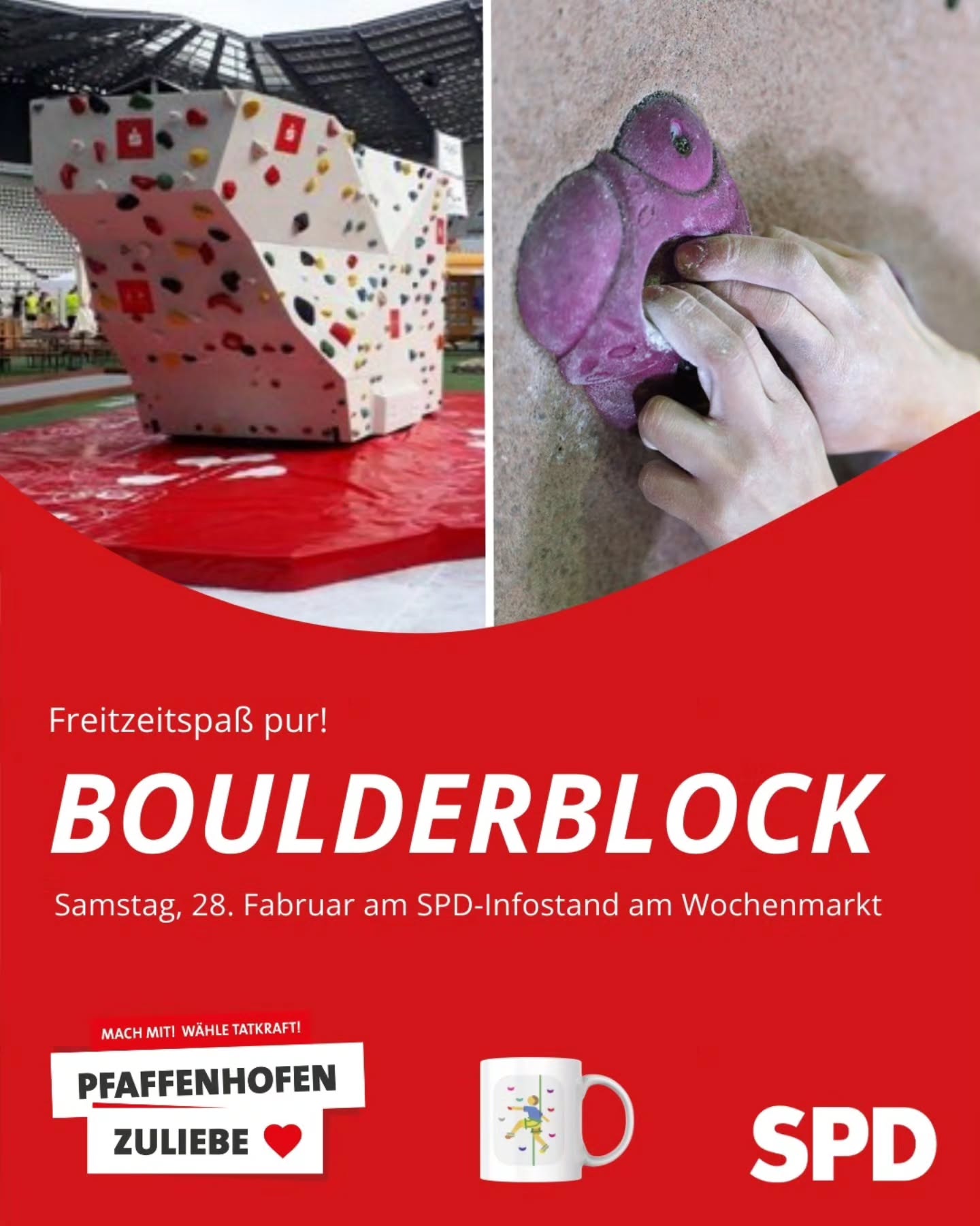 Immer wieder samstags am Infostand. Dieses Wochenende Boulderblock und Gemüse-Wok. Ab 9.30 am SPD Infostand