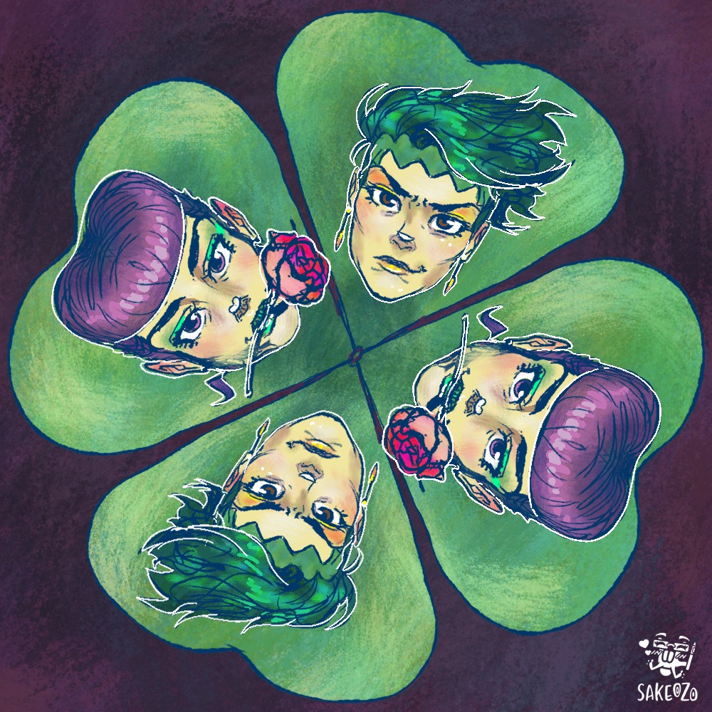 Hello, happy March, it's my birthday month! I’m honored to illustrate a fanart profile picture for March, created for a server dedicated to two of my favorite characters from Jojo’s Bizarre Adventure, Josuke Higashikata and Rohan Kishibe!
--
ID: A dark purple background in a painterly style with a limited color palette. At the center is a giant four-leaf clover, each leaf featuring a front-facing bust portrait of both characters from Jojo's Bizzare Adventure. Josuke Higashikata appears on one leaf and is mirrored on the opposite leaf, while Rohan Kishibe occupies the remaining leaf and is likewise mirrored across from himself.
Josuke wears green lipstick and eyeshadow, holding a rose between his teeth. Across from him, Rohan smirks smugly, appearing reluctant to admit his impression of Josuke. In the bottom-right corner is a white artist watermark logo by Sakeozo, with an ILY pet icon.