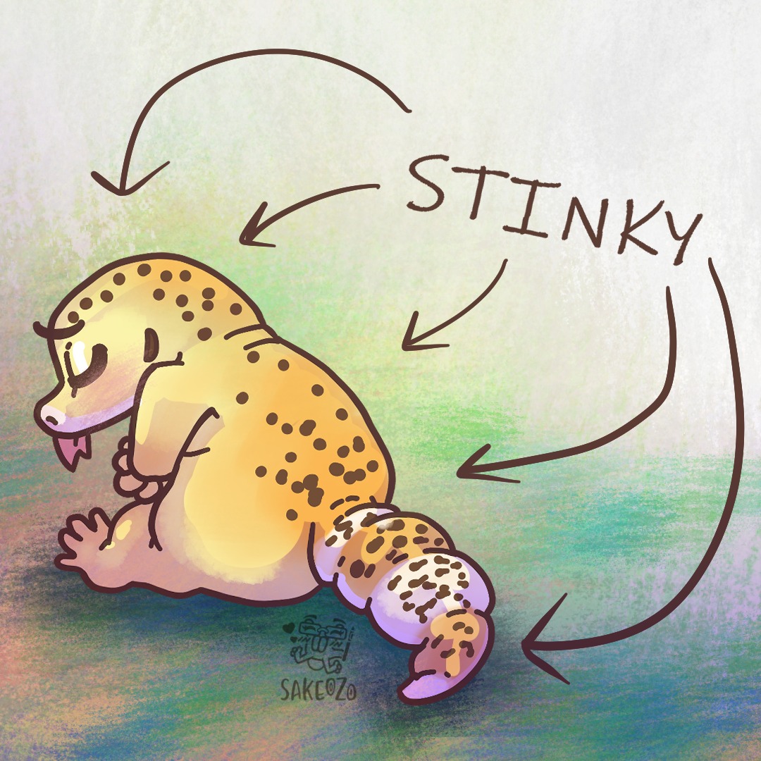 Stinky. U__U
ID: A sitting sad, moping chubby chibi leopard gecko with back slightly facing the viewer on a painterly textured orange-green ground background fading to white toward upper-right corner. At the upper-right area, a handwriting in all cap reads as "STINKY" and multiple arrows points at the sad moping gecko. Just under the tail, there's a subtle artist watermark logo, Sakeozo.