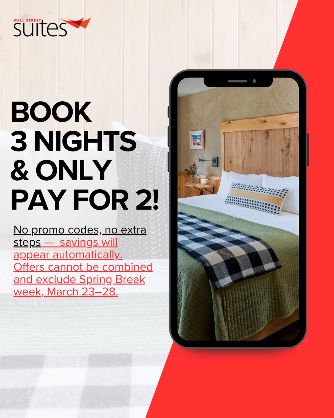 🌷 March just got even better at Wall Street Suites! Stay a little longer and save a little more — Book 3 nights & only pay for 2!
No promo codes. No extra steps. Just simple, automatic savings when you plan your downtown Bend getaway.
Enjoy crisp spring mornings, walk or bike to your favorite local shops and restaurants, and soak in everything Bend has to offer — all while getting one night on us.
March dates are filling fast… secure your stay and start packing!