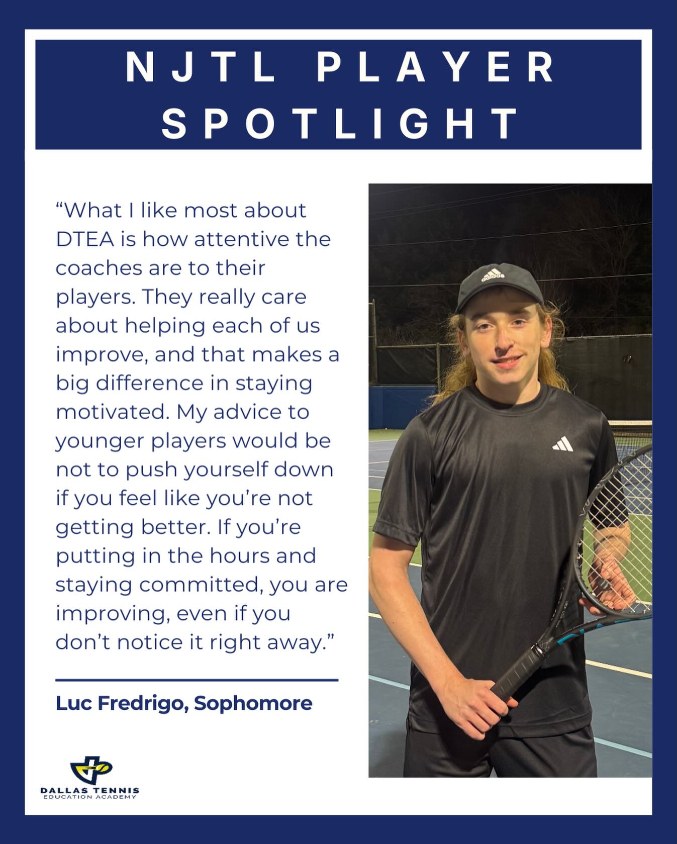 Meet Luc, this month’s NJTL Player Spotlight! ⭐️
Luc has only been in the program a few months, but his improvement has been incredible. He shows up consistently, pushes himself to get better every day, and brings a great attitude to the court. On top of that, he’s building strong friendships along the way.
Keep up the amazing work, Luc! We’re proud of you! 🎾👏
#DTA #DallasNJTL