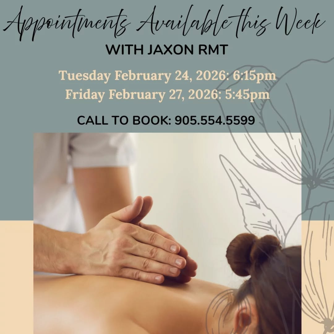 A few evening RMT visit with Jaxon are available this week. Call to book for a last minute massage.
905-554-5599