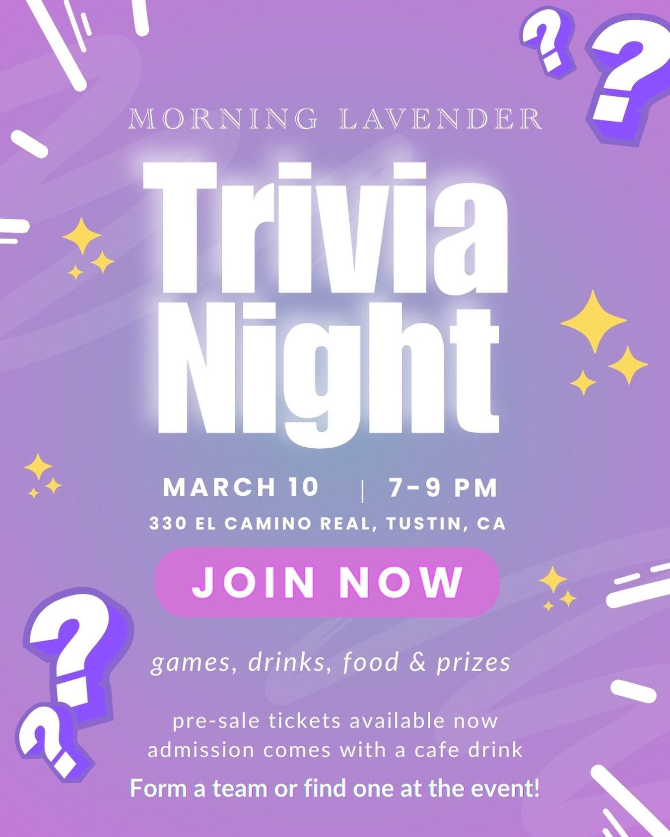 ✨ TRIVIA NIGHT IS HERE ✨
We’re hosting our first-ever Trivia Night at Morning Lavender Café and you’re invited! 💜
🗓️ Tuesday, March 10
⏰ 7PM–9PM
Think you’ve got what it takes? Know your pop-culture? Grab your dream team and get ready for a night of fun, friendly competition, and cozy café vibes ☕✨
🎟️ Pre-sale tickets are live NOW on our TicketSpice (link in bio) — and each ticket includes a café drink!
Spots are limited, so don’t wait… secure your seat before we sell out 👀
Tag your trivia crew below 👇
#orangecounty