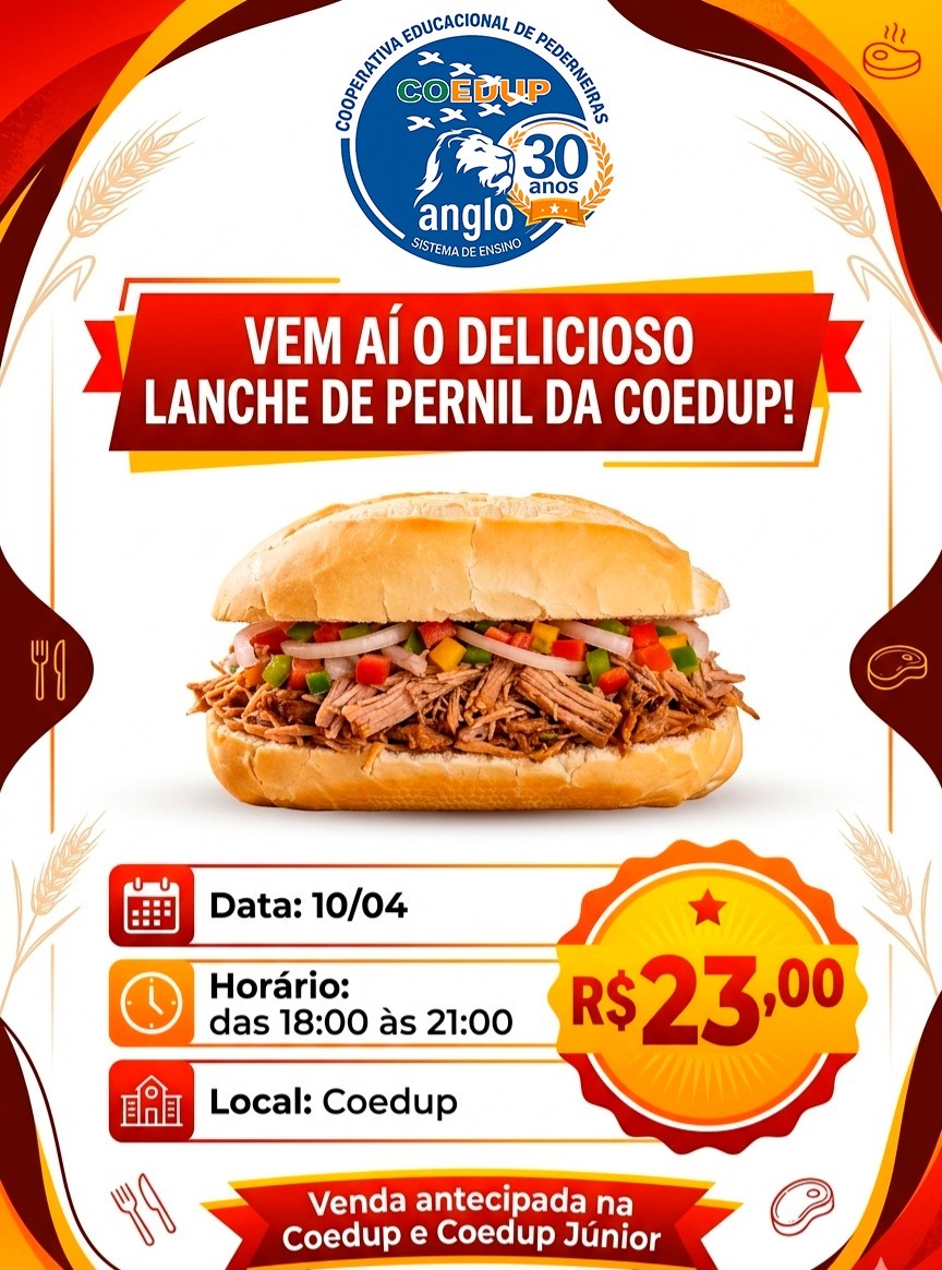 Sexta-feira pede algo diferente! 😋🥙
Que tal garantir o seu tradicional lanche de pernil para essa ocasião?
📅 Vendas antecipadas a partir de 09/03
📍 Na COEDUP e COEDUP Júnior
Garanta já o seu! 😉