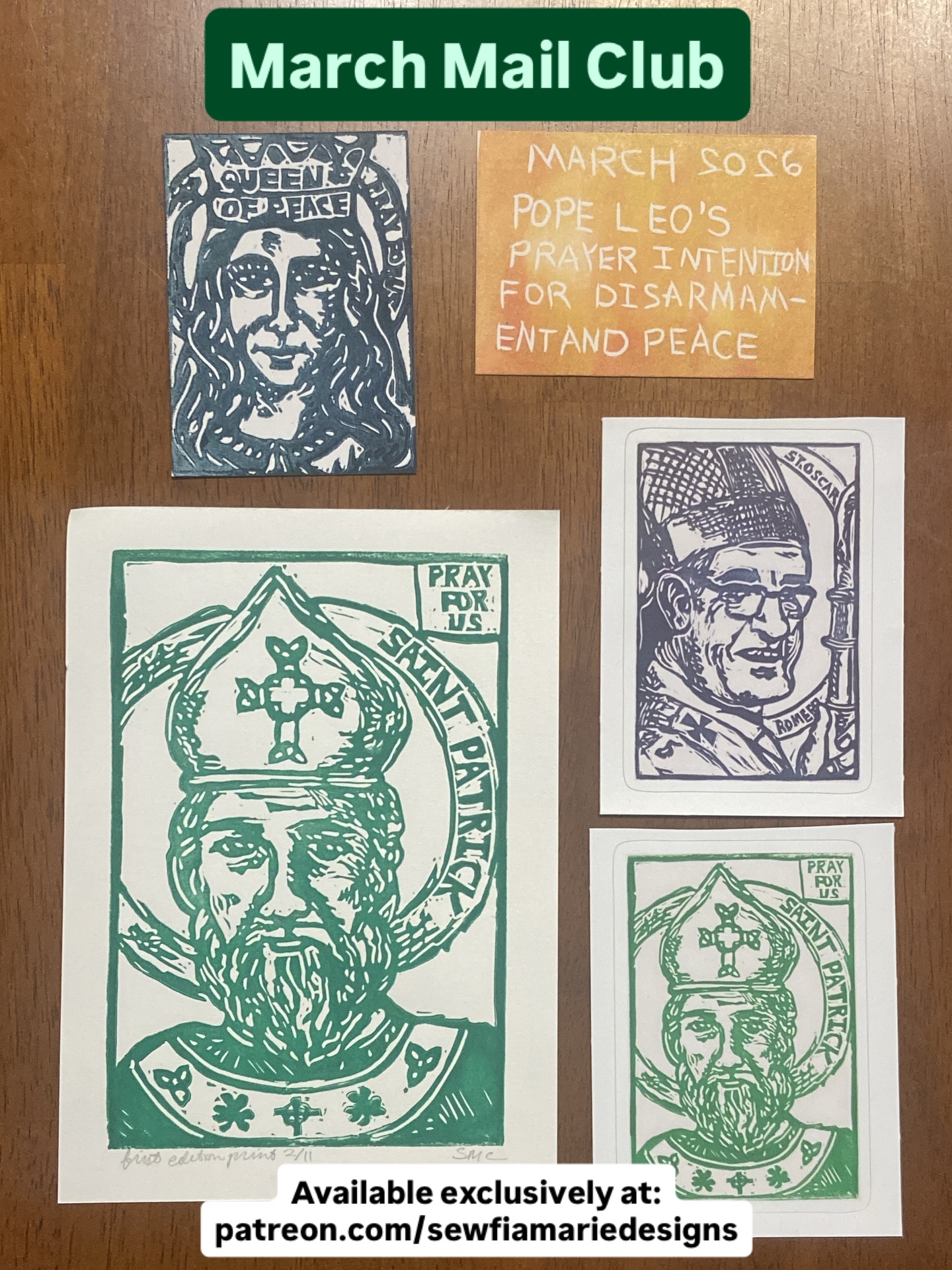 Sending out mail club art mail today! Spots still available to join this month to add to your Catholic Art or Sticker collection at patreon.com/sewfiamariedesigns (link also in bio to join)
Two tiers currently available:
Collector’s tier for $22.50/month featuring a handmade Saint linocut print and handmade mini linocut print related to Pope Leo’s prayer intention for the month. Also includes a sticker version of the main print (the only thing not handmade in this tier is the sticker but it still is of artwork that I made). March’s subscribers are also receiving a bonus sticker this month. Opportunity each month for the print you receive to be a first edition print.
For March there are only 7 of 11 first edition prints left, sign up now while they are still in stock to claim yours! After the first edition prints are gone, subscribers afterwards will receive a handmade reprint of the month’s Saint Print.
PenPal Tier $9.50/month. Features artwork that I made but is a postcard version of the month’s Saint Print and sticker version of the mini print. Items are not handmade in this tier, it is a more affordable option ideal for art collectors who would like to add to their collections but at a lower cost AND this tier is also great for letter writers who would rather send the artwork easily to a friend/loved one
Link in bio to join today :)
#snailmail #mailclub #stickers #foryoupage #catholic