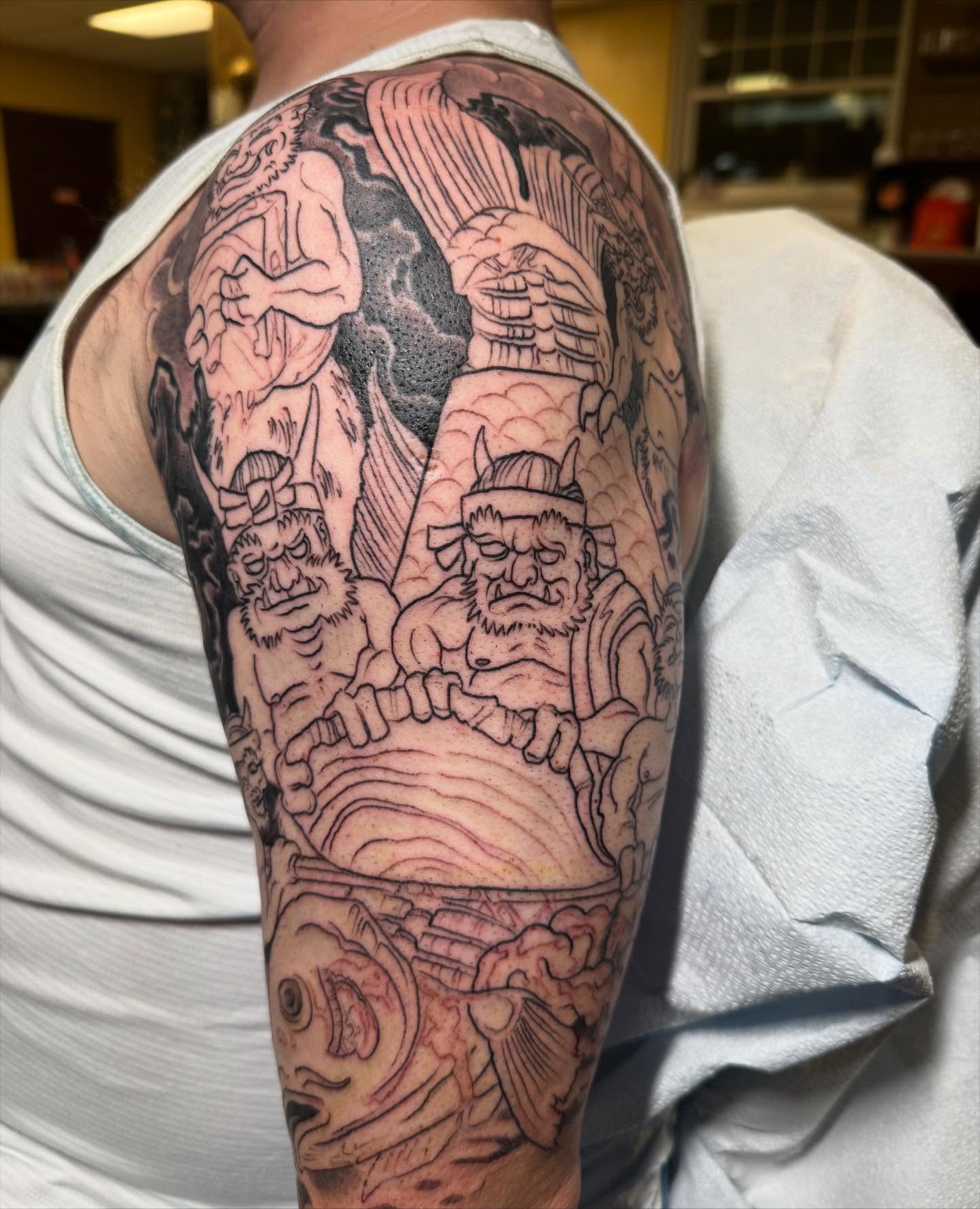 First day at Cigar City Tattoo Fest. Client gave me complete freedom to do whatever I wanted. So here are some oni breaking down a koi to make sushi… lower to come! Always Good Times with Ben Around Tattoos!!