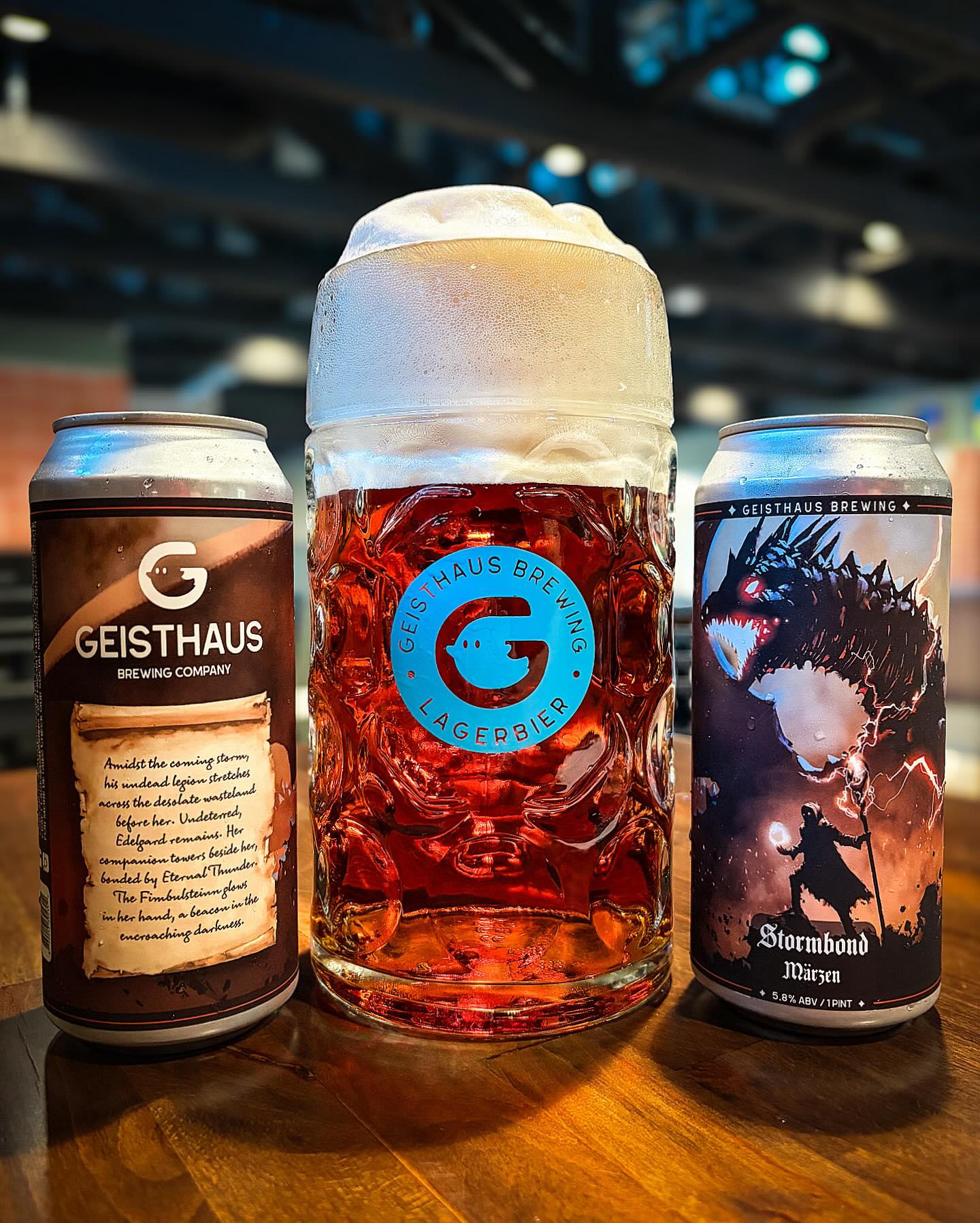 Amidst the coming storm, his undead legion stretches across the desolate wasteland before her. Undeterred, Edelgard remains. Her companion towers beside her, bonded by Eternal Thunder. The Fimbulsteinn glows in her hand, a beacon in the encroaching darkness.
Stormbond. Märzen. 5.8%
A delicious Fall classic amber lager rehomed to a special March release here at Geisthaus. Mashed with a blend of @weyermann_specialty_malts Munich malts, and balanced mildly with German Magnum and Mittelfrüh hops. Naturally carbonated via spunding and lagered at 0°C for 5 weeks. Notes of Opa’s fluffy pretzels dipped in honeycrisp jam.
Now vailable in 1-liter, half-liter, and 0.3liter pours off long-neck @lukr.cz faucets and 4-packs to-go.