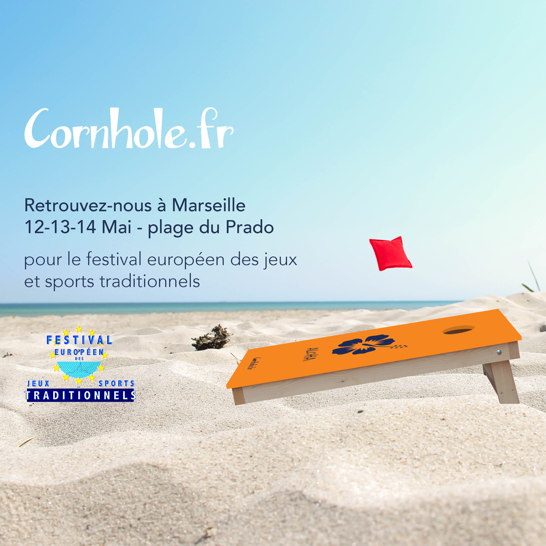 Venez jouer au cornhole avec nous, du 12 au 14 mai sur la plage du Prado à Marseille à l'occasion du festival européen des jeux et sports de tradition.