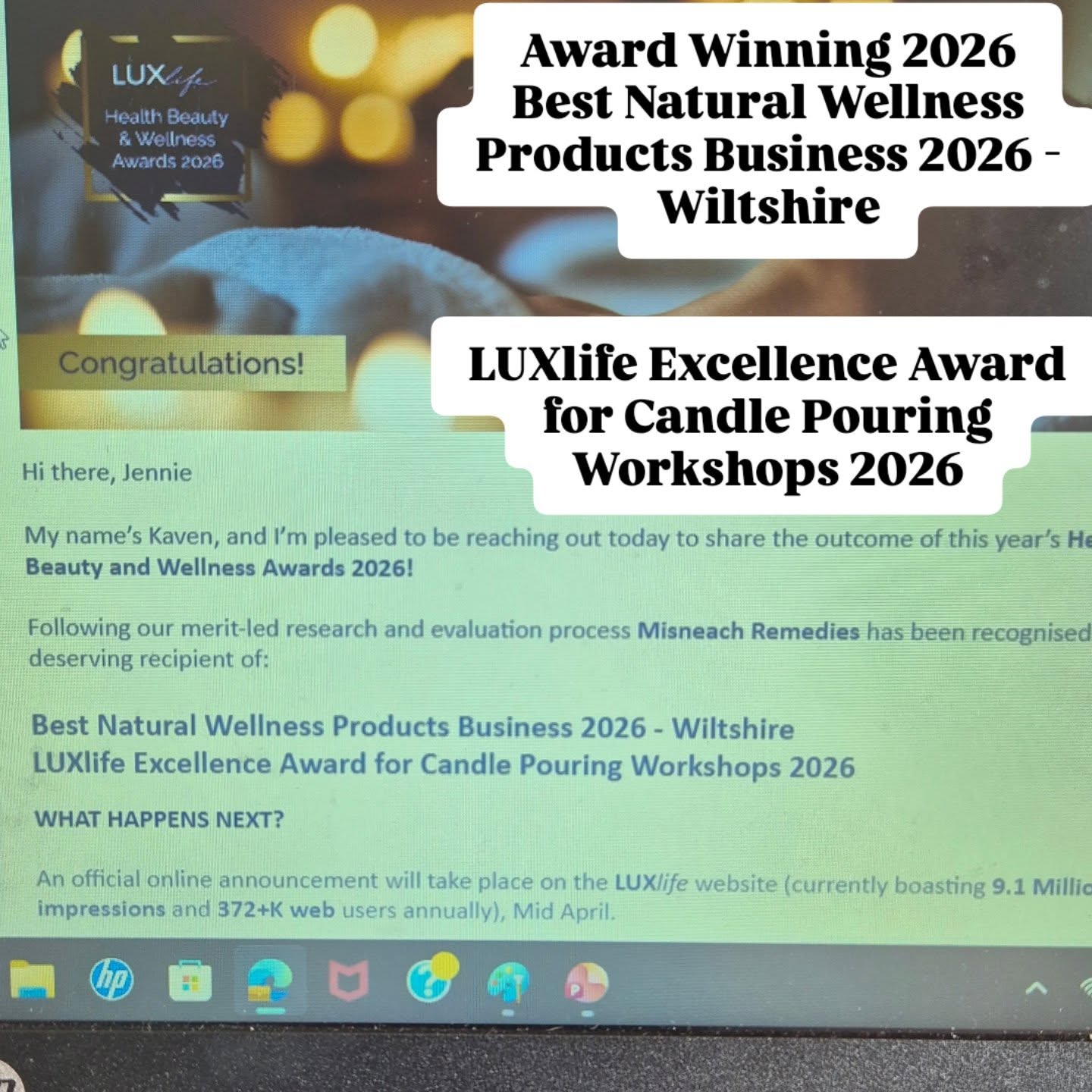 Misneach WON! ✨
I’m absolutely over the moon to share some huge news!
Misneach Remedies has been honored with TWO awards from the 2026 LUXlife Health, Beauty & Wellness Awards:
🏆 Best Natural Wellness Products Business – Wiltshire
🏆 Excellence Award for Candle Pouring Workshops
I am so incredibly proud of how far this journey has come. From crafting natural products at my kitchen table that support your well-being to sharing the power of scent in my workshops, every moment has been a labour of love.
A massive thank you to my wonderful customers and workshop guests—your support is the reason these awards are Misneachs. 🫶
Thank you so much,
Le grá,
Jennie xxx
#LUXlifeAwards #SmallBusinessUK #AwardWinner2026 #CandleWorkshops