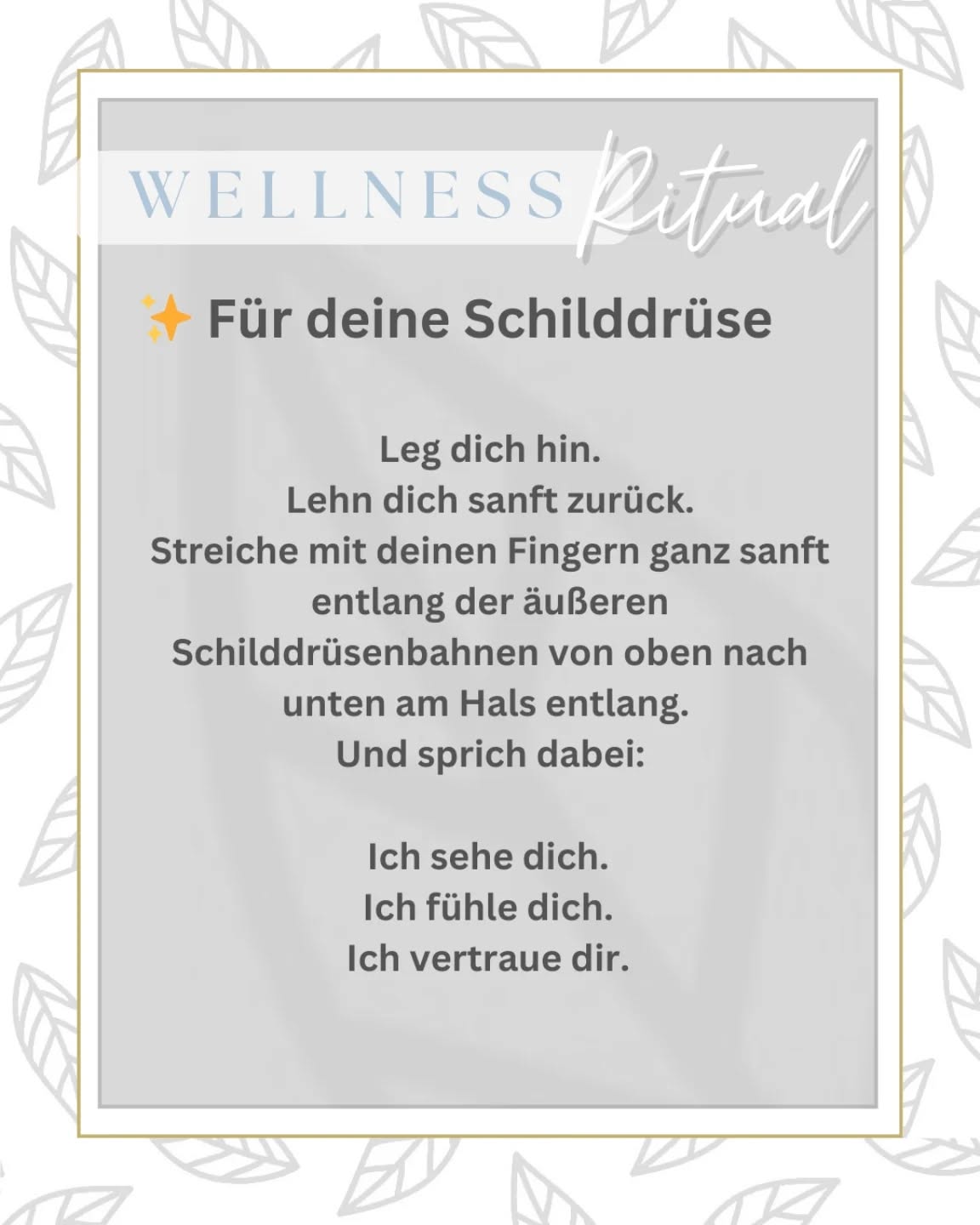 Besonders abends, wenn sie übermüdet ist – oder du zu wenig getrunken hast – meldet sich die Schilddrüse mit einem leichten Brennen.
Dann ist der Punkt, umzudenken und zu handeln.
Dieses Brennen was du fühlst, in deiner Schilddrüse, ist ein Zeichen von Entzündung.
Ein Feuer beginnt zu lodern. Und das willst du wieder löschen.
Damit deine Schilddrüse sich wieder entspannen kann und du weiterhin gesund bleibst.
🦋🧘🏽♀️🦋
-> Ab ins Bett und dich besser hydrieren über den Tag.
#hashimotoheilung #hashimoto #schilddrüse #wellness #wellnessfürdieseele #entspannung #relax #heal #healingenergy #wohlfühlrituale #wohlfühlen #heilen #heilenergie