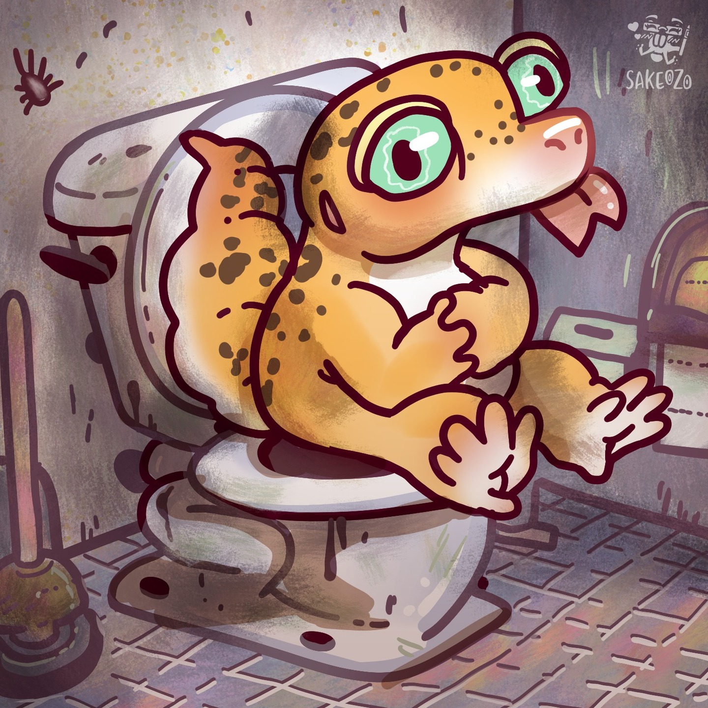 Gecko on a toilet. 😨
--
ID: Inside a stall of a grungy public restroom, a bright orange gecko is sitting on the toilet whimsically to herself. The environment feels very worn out and dirty, there's a toilet plunger next to the toilet and a mite on the wall. At the upper-right corner, there is an artist's logo as watermark by Sakeozo.