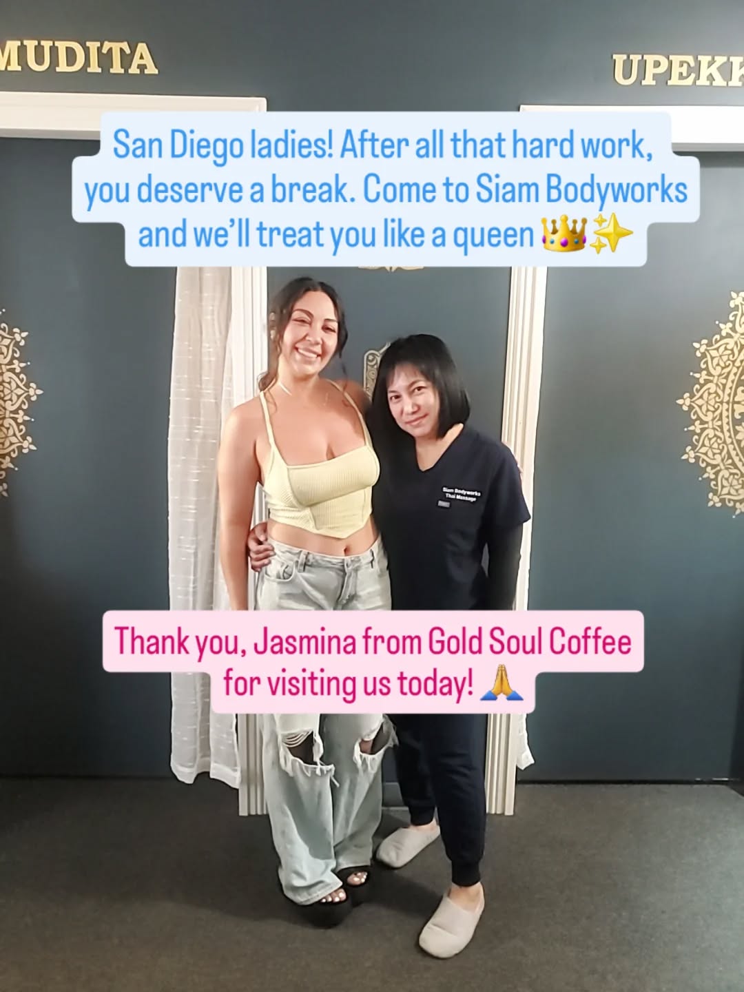 @sue_sumana Iāve been a fan of Jasminaās coffee for many years @goldsoulcoffee.sd my favorite coffee shop in the neighborhood āļøš Thank you for visiting us at Siam Bodyworks! We love supporting local businesses and lifting each other up. š