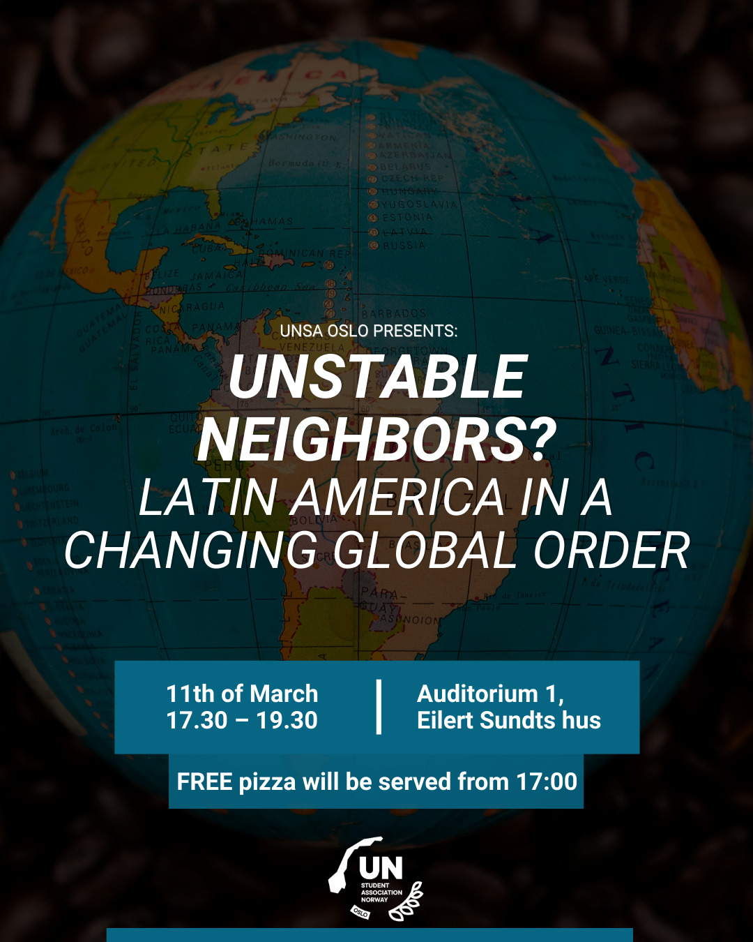 UNSA Oslo presents the second event of the upcoming UN Theme Week!
Unstable neighbors? Latin America in a changing global order:
What does U.S. sanctions policy mean for Venezuela, and how does it affect the wider region? Has China’s growing economic presence strengthened Latin America’s strategic autonomy, or created new dependencies?
Join us for a panel discussion exploring political development, global trade dynamics, and Latin America’s position in an increasingly multipolar world.
The panel features Jemima Garcia-Godos (Norwegian Centre for Human Rights) and Vegard Bye, Senior Partner at Scanteam with extensive experience in democracy and human rights in Latin America.
EDIT: We are also happy to announce that Ingvild Trædal Haukeland from Handelskampanjen also will be joining the panel.
🗓 11th of March
⏰ 17:30–19:30
📍 Eilert Sundts hus, Auditorium 1.
🍕 Pizza from 17:00