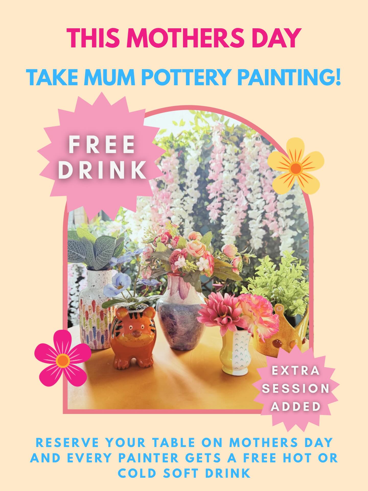 Free Drink For all painters on Mother’s Day!
Reserve your table now and the drinks are on us, we have added an extra painting session in the afternoon to make sure you can bring mum along for some paint therapy, but don’t leave it until the last minute as tables are booking fast!
https://www.topofthepots.co.uk/reservations
#potterypainting #pottery #mothersday #daysout