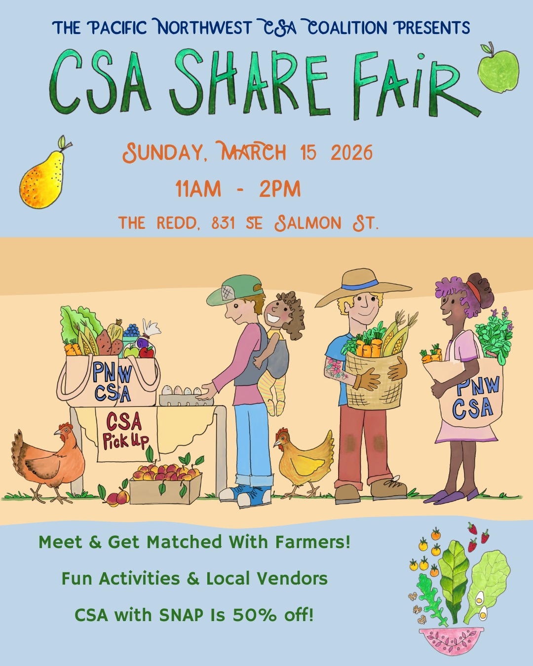 Join us for the Portland CSA Share Fair, a free, family-friendly celebration of local food and the farmers who grow it.
📍 Portland CSA Share Fair
Sunday, March 15,
Portland, OR
Learn more with the link in our linktree.
Our largest Share Fair of the season brings together 35+ CSA farms serving the Portland metro area under one roof. Meet growers face-to-face, ask detailed questions, compare share options, and sign up before the season begins.
Bring your family and make a day of it:
🌱 CSA Matchmaking — get one-on-one help finding a share that fits your household, budget, and pickup location
👩🌾 Find Your Farmer — over 35 farms ready to answer your questions
📚 Cookbook Swap — bring one, take one
🔎 Kids Scavenger Hunt throughout the event
🎨 DIY Veggie Print Craft Table — create your own vegetable-themed art to take home
🛍 Local Vendors selling goods that support local food
🌮 @comidakin Food Truck — delicious food for purchase, made with locally grown veggies
If you’ve been curious about CSA, this is the easiest way to explore your options in one place.
#CSAShareFair #PortlandOR #SupportLocalFarms #CSA #PortlandEvents #FamilyFriendlyPDX #PNWCSA