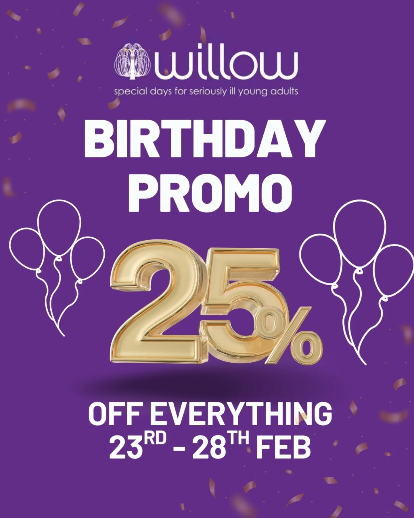 🎉 Celebrating 11 Years of @willow_shops in Welwyn Garden City town centre! 🎉
Willow Foundation is celebrating its 11th birthday next week, and to mark the occasion, they’re giving something back to their amazing customers…
🛍️ Enjoy 25% off everything in store!
To unlock this fantastic offer, simply like and follow @willowshopwgc and show it in store between 23rd – 28th February.
All profits go toward supporting seriously ill young adults between the age of 16-40 with special days and special treats.
Don’t miss out, happy shopping! 🥳
@willowfoundation
#SpecialDays #SpecialTreats #YoungPersons #Charity #CharityShop