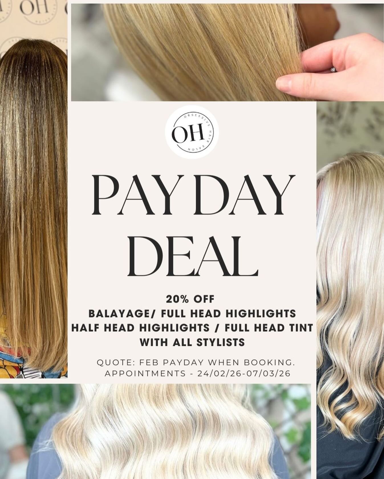 𝐏𝐚𝐲𝐝𝐚𝐲 𝐭𝐫𝐞𝐚𝐭 💆♀️🍭✨
Please note longer hair charges may apply & colour corrective work is not available on this offer.
New bookings only.
#basingstokesalon #basingstoke #obsessivehair #hair #balayagehighlights
