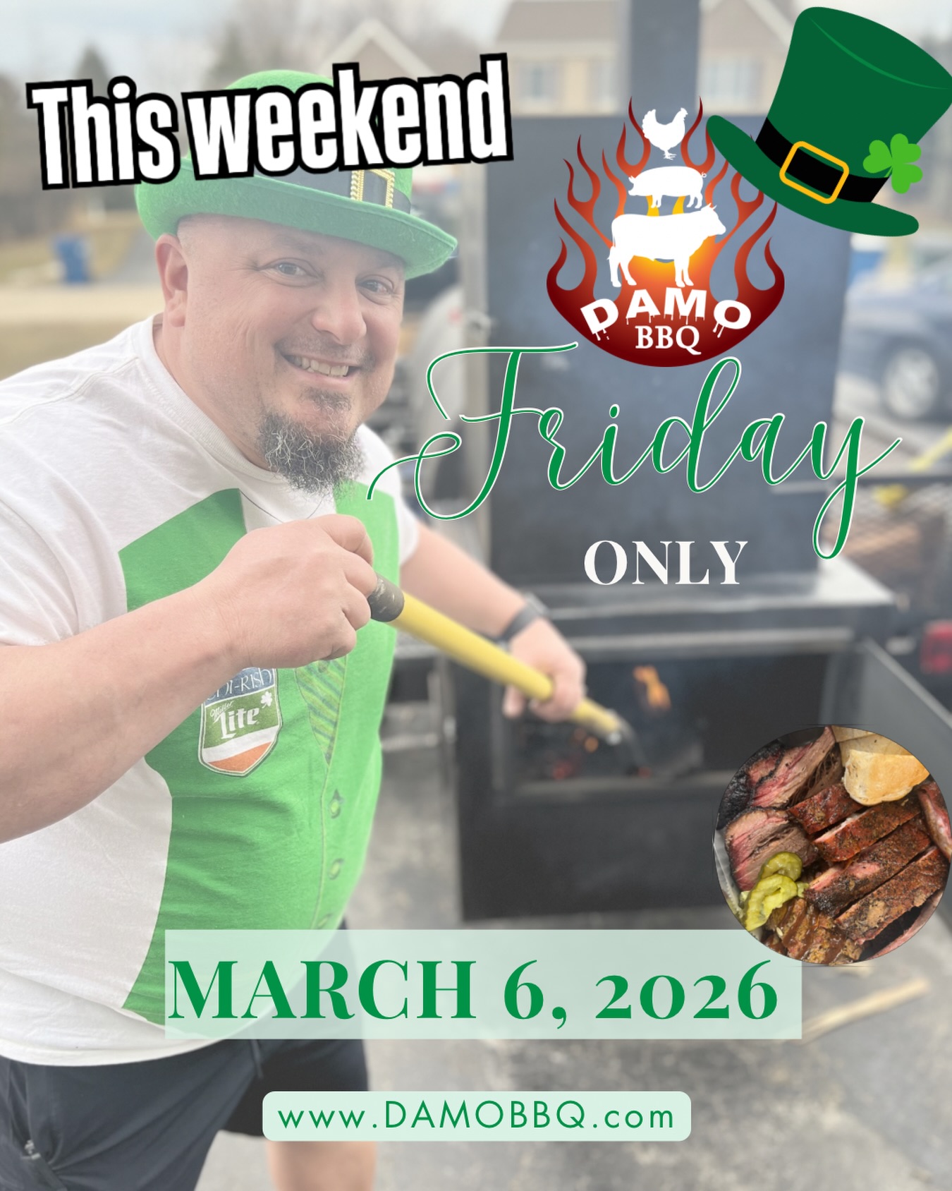 🍀 READ THIS. WE ARE NOT OPEN SATURDAY, MARCH 7th!. 🍀
Dundee St. Patrick’s Day Parade =
DAMO is Friday ONLY this week.
If you were planning on your usual Saturday BBQ fix…
🚫 Not happening.
🔥 THIS FRIDAY is your only shot.
And we are loading the pit.
On the menu:
****Rib Tips***
• Spare & Baby Back Ribs
• Brisket
• Pulled Pork
• Pastrami
• Corned Beef
• Turkey
• Smoked Salmon
• Turkey Muffaletta
• Spicy Red
• Chopped Brisket
• Piggie Smalls
• NEW Chicken Quarters
• NEW DAMO Salad
If you’ve ever said:
“Every time I go they’re sold out of ribs…”
👉 Then this is your moment.
We’re taking rib preorders this week.
Pre-order link drops soon.
Until then, DM us or email (info@DAMOBBQ.com) to claim yours.
One day.
One shot.
When it’s gone, it’s gone.
Central Texas craft BBQ. Italian twist. No shortcuts.
See you Friday. 🔥
1700 W Main St, Sleepy Hollow, IL (Verlo Mattress lot)