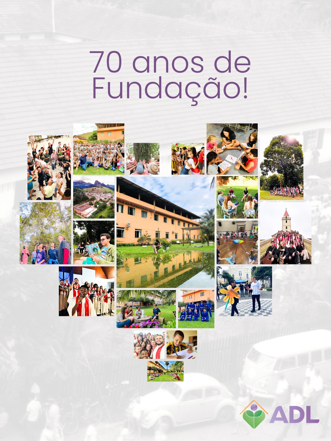 22 de fevereiro de 1956 – 22 de fevereiro de 2026
Há 70 anos, em Serra Pelada, nascia um sonho que começava de forma simples, mas carregado de propósito. Inspirados pela fé e pelo compromisso com o cuidado, Artur Gustav Schmidt e Käthe Schmidt deram início a uma jornada que atravessaria gerações, conduzida pelas mãos de muitas pessoas.
A ADL nasceu com pequenos gestos, passos discretos, sementes lançadas com esperança. Ao longo do tempo, esses passos transformaram-se em caminhos amplos, marcados pela formação humana, pelo serviço, pela música, pela arte, pela educação e pelo fortalecimento de vínculos.
Sete décadas depois, celebramos uma história construída por muitas mãos. Pessoas que estudaram, ensinaram, serviram, cuidaram e foram cuidadas. Crianças, adolescentes e jovens que encontraram aqui oportunidades, direção e pertencimento. Comunidades fortalecidas pelo espírito diaconal e pelo compromisso com a dignidade humana.
São 70 anos de formação que inspira autonomia.
70 anos promovendo convivência, solidariedade e protagonismo.
O que começou com passos pequenos tornou-se uma grande jornada coletiva. E essa história continua sendo escrita todos os dias, com responsabilidade e amor ao próximo.