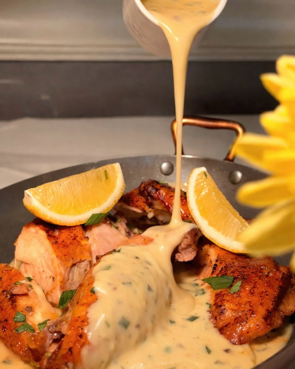 One of our most popular dishes, free-range chicken from Bukit Mertajam, Penang, is brined then roasted till succulent on the inside and golden on the outside.
We serve it with buttery mashed potatoes and our creamy tarragon sauce.