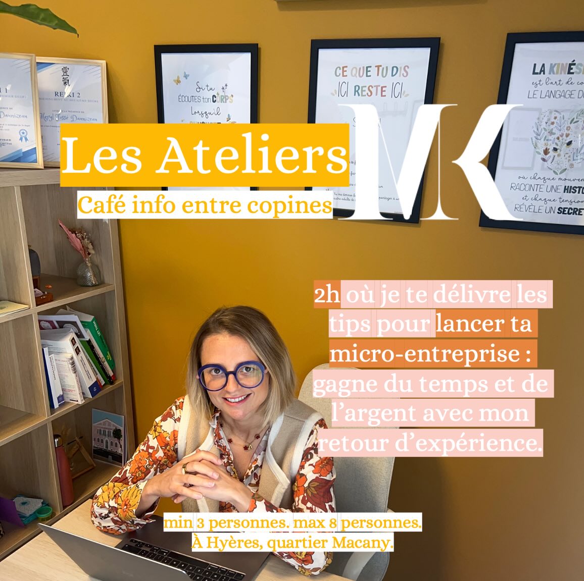 Les Ateliers MK 🦋
Avant d’être Kinesiologue, j’ai été dans le milieu de la communication et du marketing. Entrepreneuse depuis mes 25 ans, je navigue dans ce statut, qui répond à mon grand besoin de liberté et de créativité.
J’ai aidé des collègues dans le bien être à oser se lancer à leur compte, en leur partageant mes expériences. Puis je me suis dit : il y a sûrement d’autres personnes qui auraient aimé savoir ça !?!?
Alors, action-création 🫴🏻☀️🌈💡
Je propose cet atelier, décomposé en 2 sessions. Tu fais que la première session ou les deux, selon tes besoins et moyens. Je donnerai les dates en fonction du nombre d’intéressés. M’écrire en MP.
Partage ce bon plan à ta/ton pote qui a pour projet de quitter son CDI.
Place limitée.
À bientôt, MK🦋